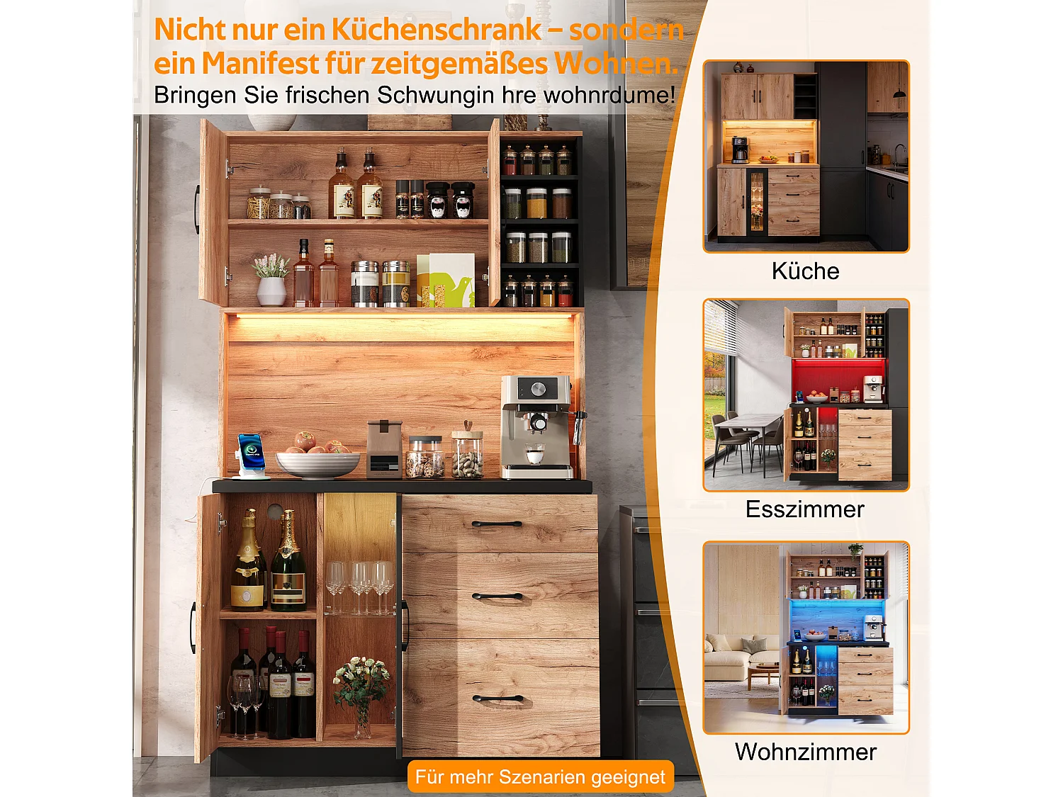 Modern keukendressoir - 105 x 40 x 180 cm - met LED-verlichting + planken + stopcontact + deuren + lades - MDF - naturel