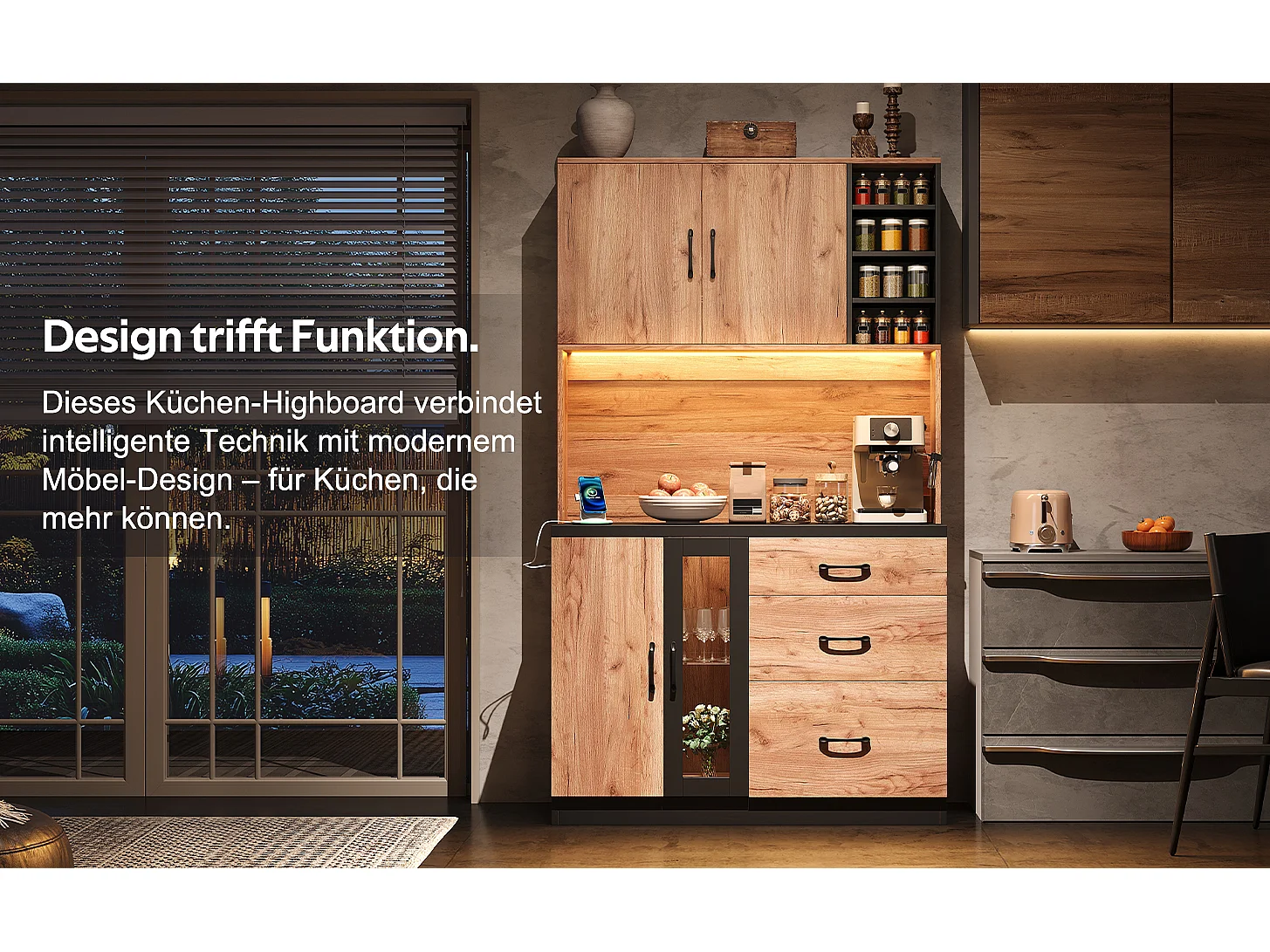 Modern keukendressoir - 105 x 40 x 180 cm - met LED-verlichting + planken + stopcontact + deuren + lades - MDF - naturel