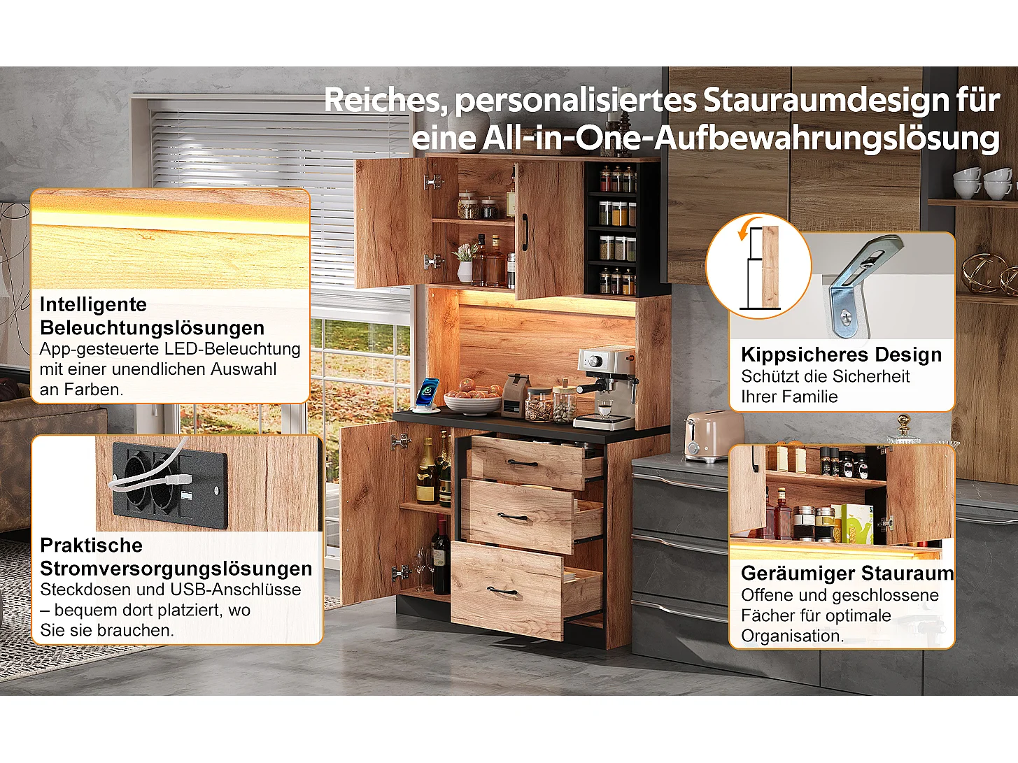 Modern keukendressoir - 105 x 40 x 180 cm - met LED-verlichting + planken + stopcontact + deuren + lades - MDF - naturel