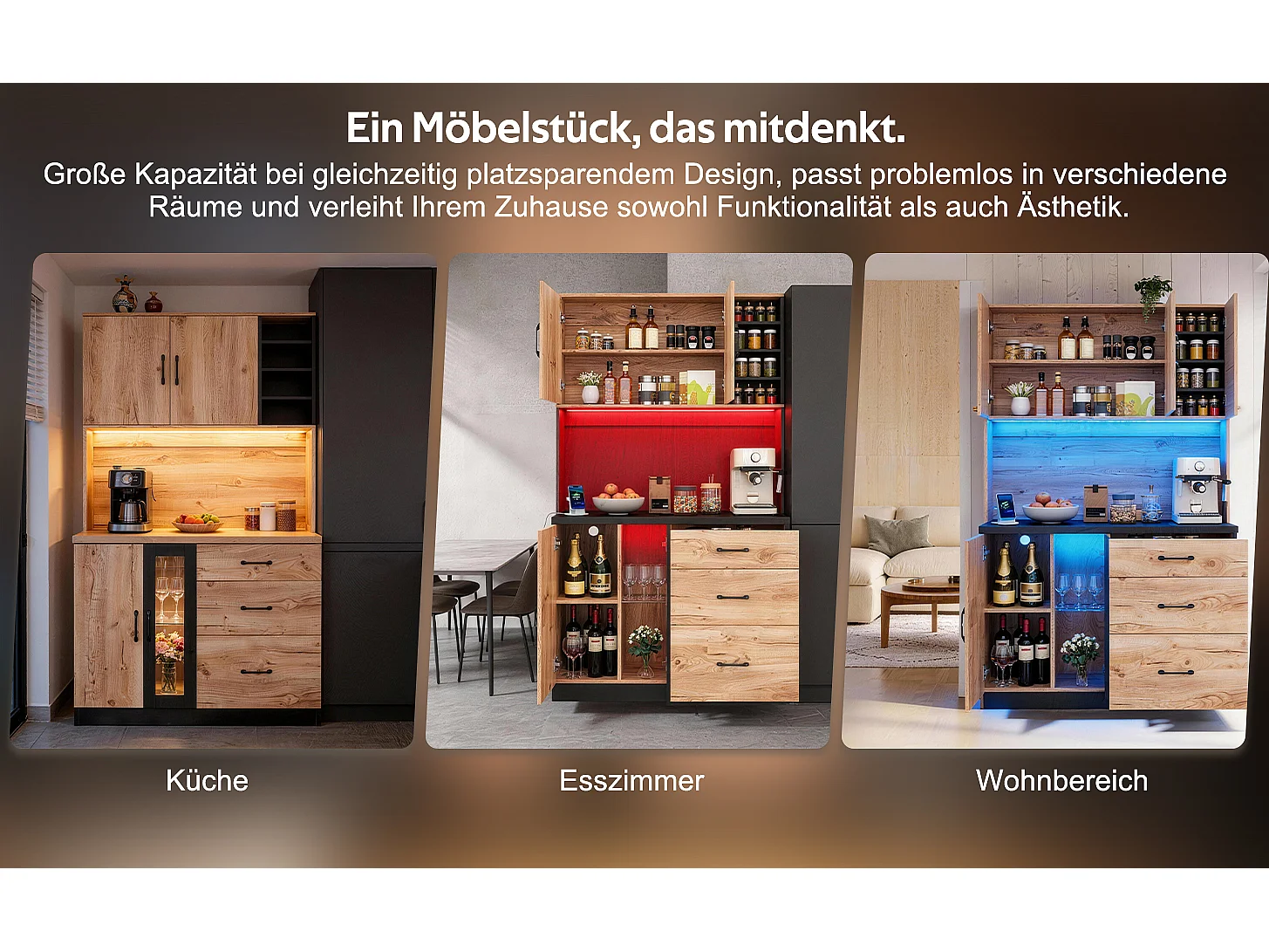 Modern keukendressoir - 105 x 40 x 180 cm - met LED-verlichting + planken + stopcontact + deuren + lades - MDF - naturel