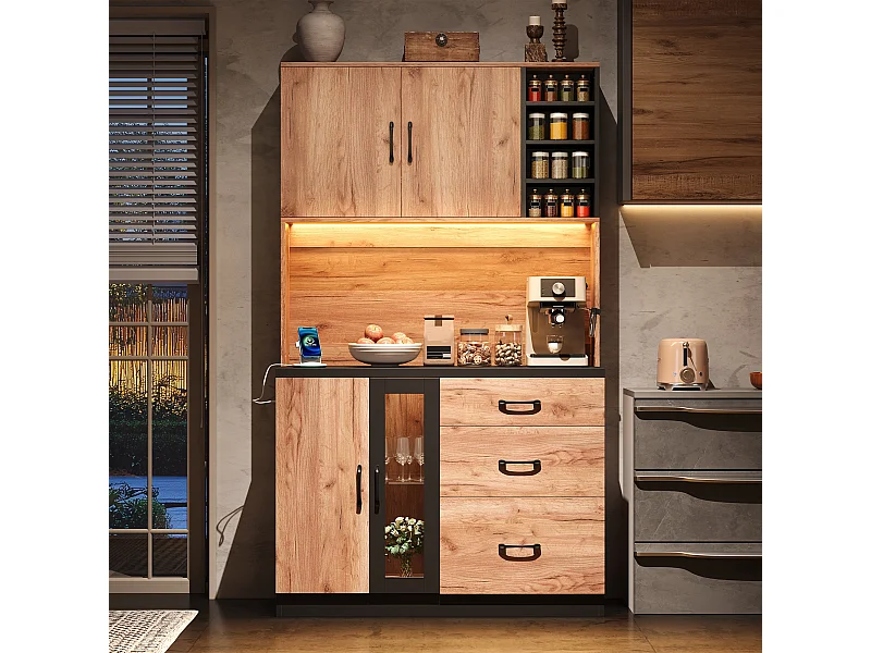 Modern keukendressoir - 105 x 40 x 180 cm - met LED-verlichting + planken + stopcontact + deuren + lades - MDF - naturel