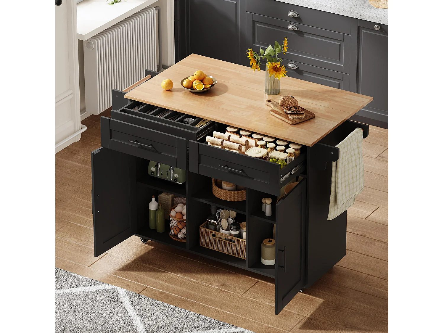 Mobilna wyspa kuchenna z blatem składanym - 145 x 45/70 x 94,5 cm - z półkami + 2 drzwi + szuflada - MDF - czarna