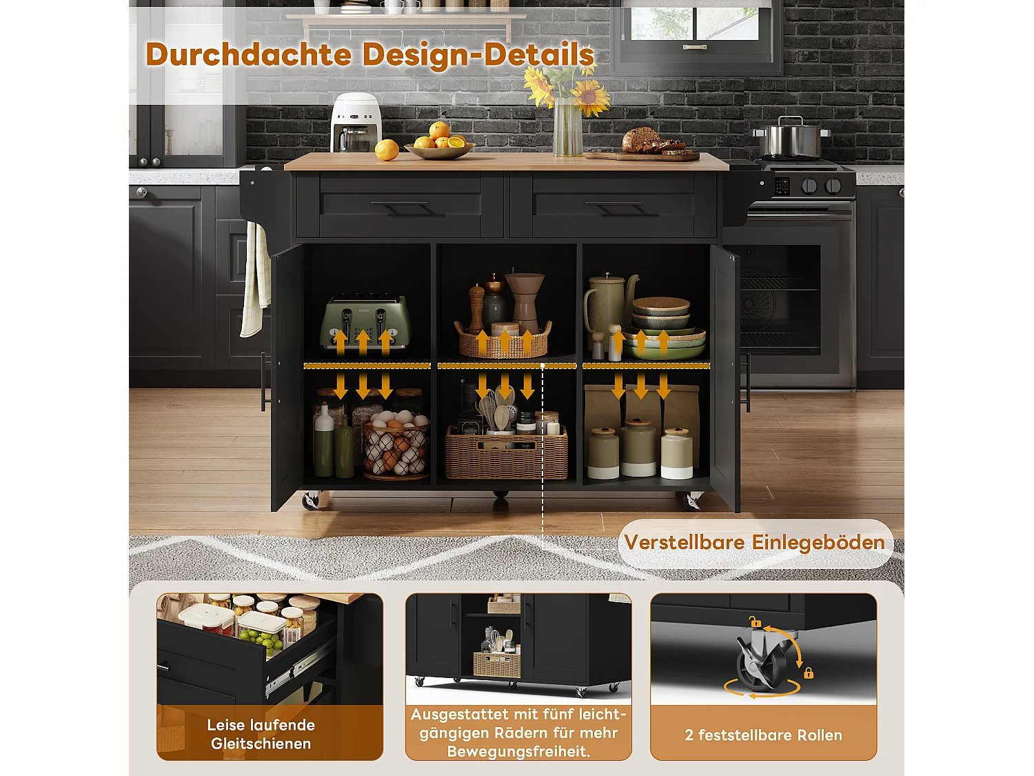 Mobilna wyspa kuchenna z blatem składanym - 145 x 45/70 x 94,5 cm - z półkami + 2 drzwi + szuflada - MDF - czarna