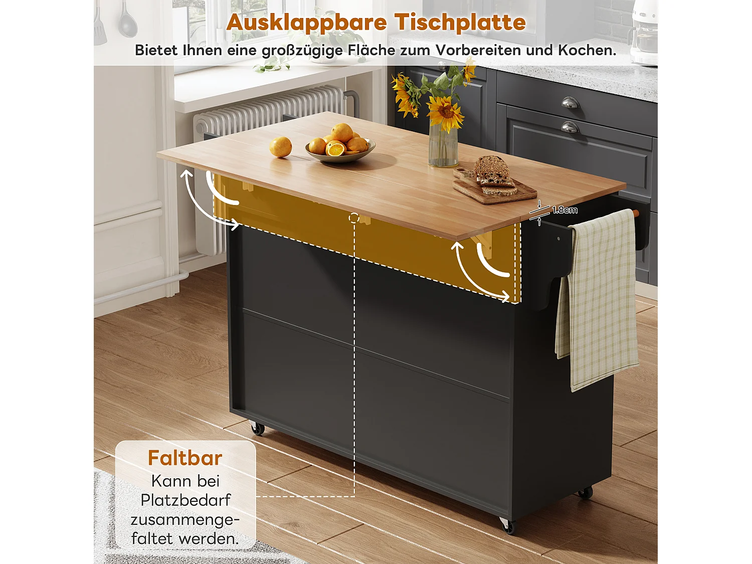 Mobilna wyspa kuchenna z blatem składanym - 145 x 45/70 x 94,5 cm - z półkami + 2 drzwi + szuflada - MDF - czarna