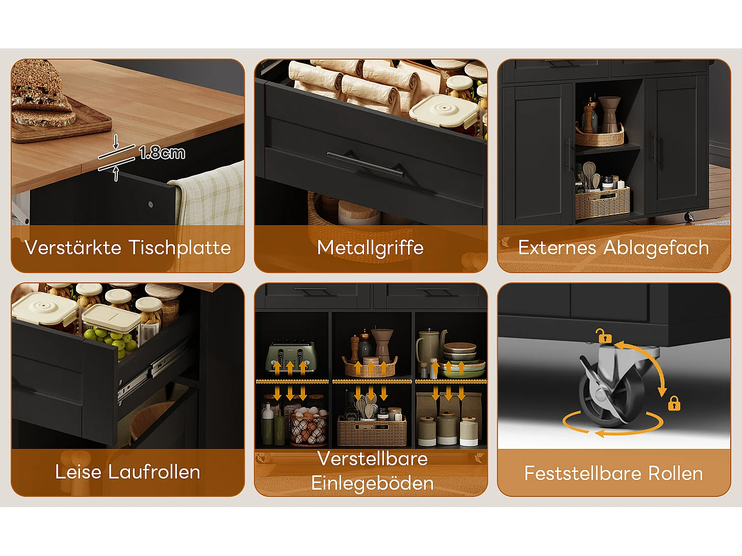 Mobilna wyspa kuchenna z blatem składanym - 145 x 45/70 x 94,5 cm - z półkami + 2 drzwi + szuflada - MDF - czarna