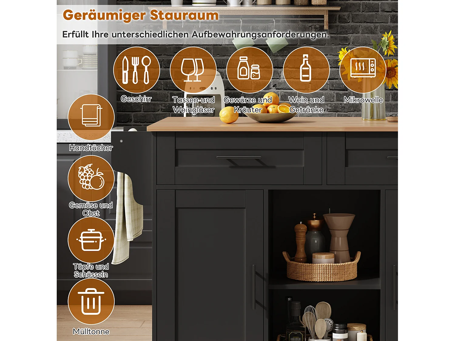 Mobilna wyspa kuchenna z blatem składanym - 145 x 45/70 x 94,5 cm - z półkami + 2 drzwi + szuflada - MDF - czarna