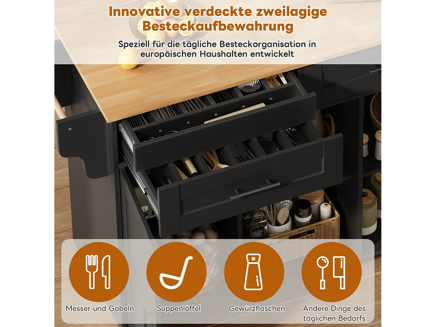 Mobilna wyspa kuchenna z blatem składanym - 145 x 45/70 x 94,5 cm - z półkami + 2 drzwi + szuflada - MDF - czarna