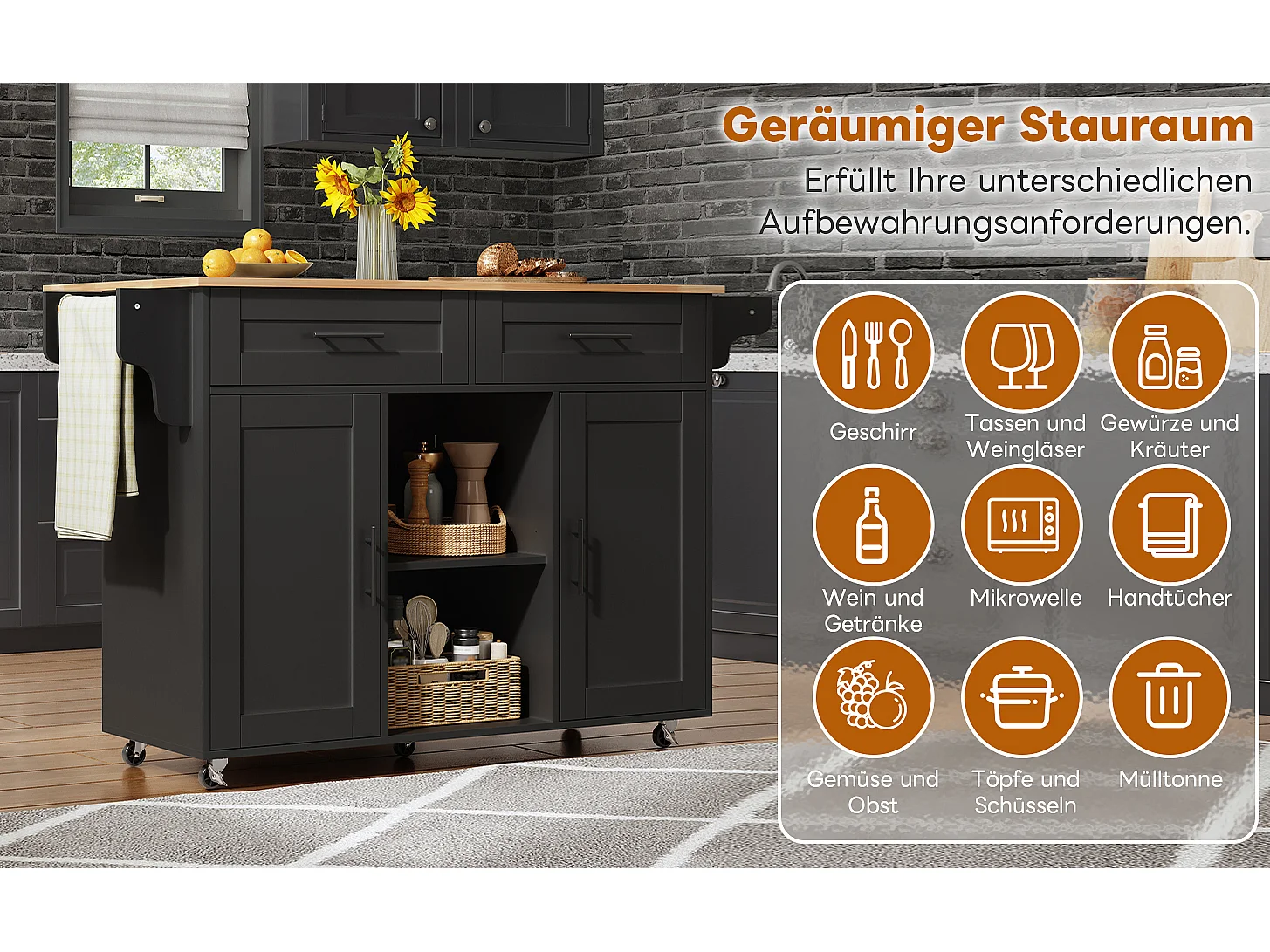 Mobilna wyspa kuchenna z blatem składanym - 145 x 45/70 x 94,5 cm - z półkami + 2 drzwi + szuflada - MDF - czarna