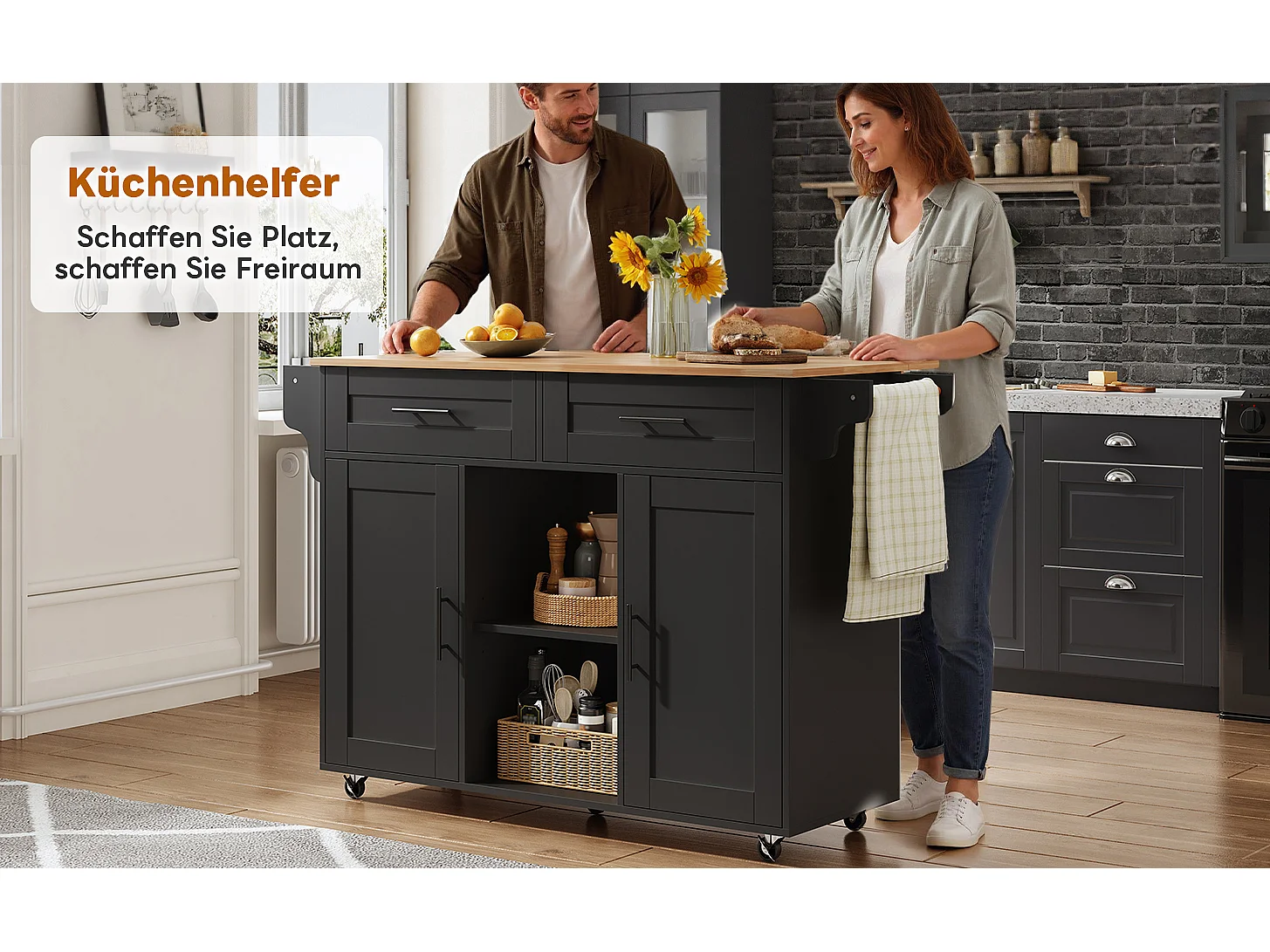 Mobilna wyspa kuchenna z blatem składanym - 145 x 45/70 x 94,5 cm - z półkami + 2 drzwi + szuflada - MDF - czarna