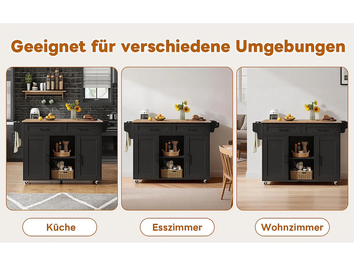 Mobilna wyspa kuchenna z blatem składanym - 145 x 45/70 x 94,5 cm - z półkami + 2 drzwi + szuflada - MDF - czarna