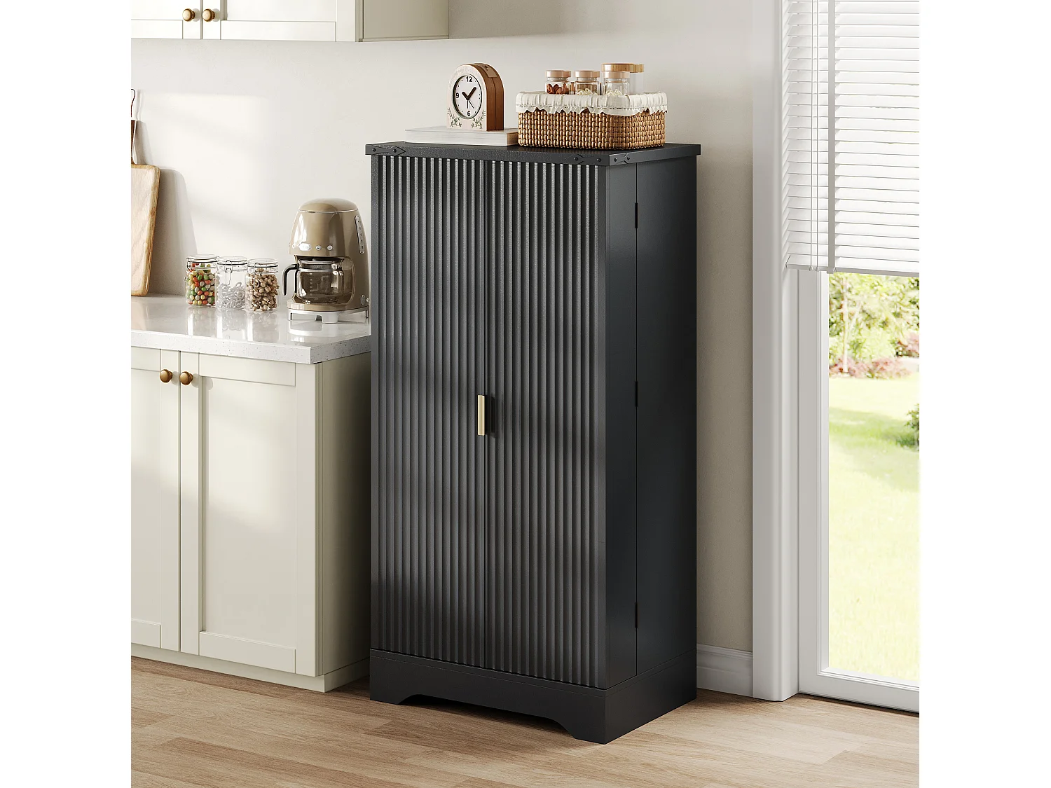 Credenza da cucina - 60,5 x 40 x 120 cm - con LED + 2 ante + ripiani regolabili - MDF - nero