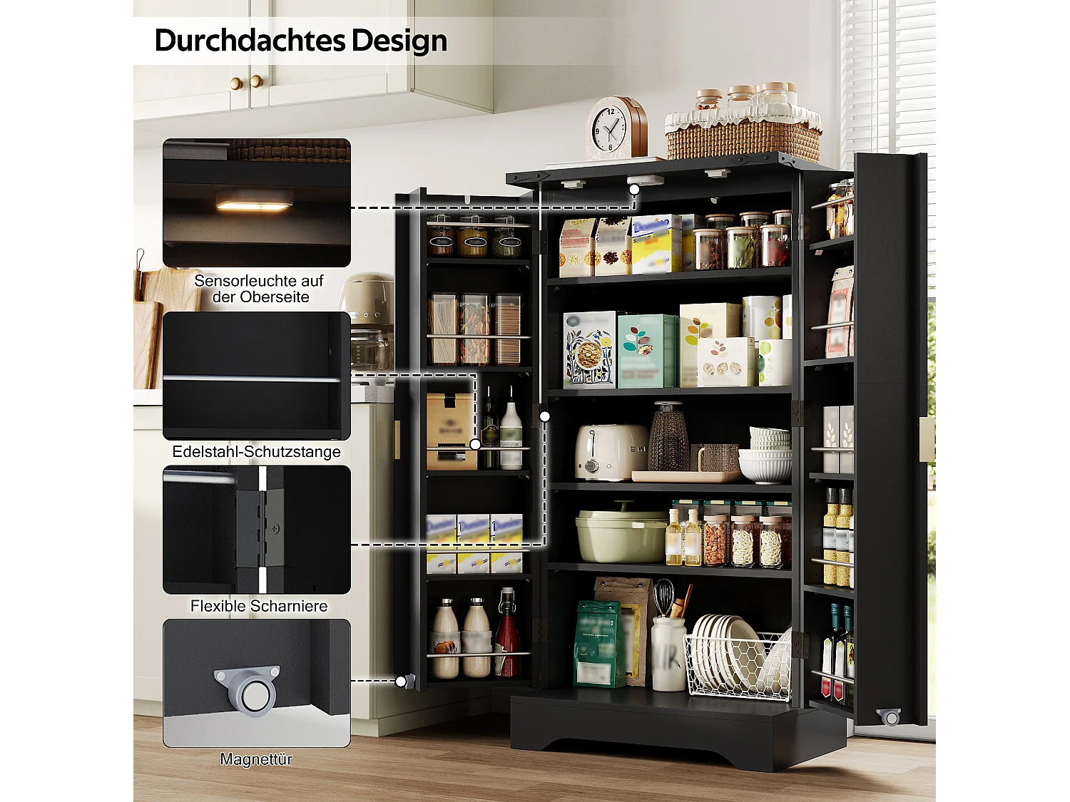 Credenza da cucina - 60,5 x 40 x 120 cm - con LED + 2 ante + ripiani regolabili - MDF - nero