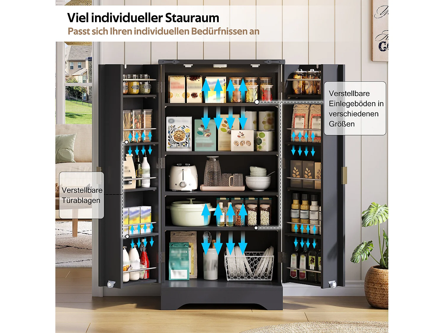 Credenza da cucina - 60,5 x 40 x 120 cm - con LED + 2 ante + ripiani regolabili - MDF - nero