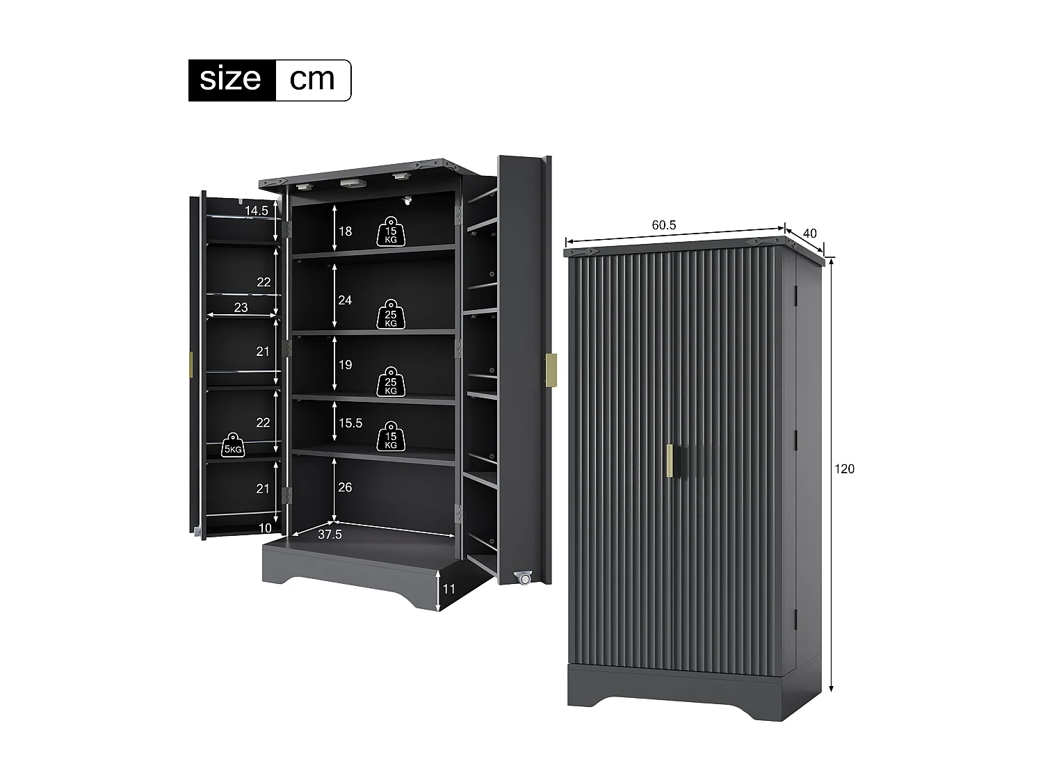 Credenza da cucina - 60,5 x 40 x 120 cm - con LED + 2 ante + ripiani regolabili - MDF - nero