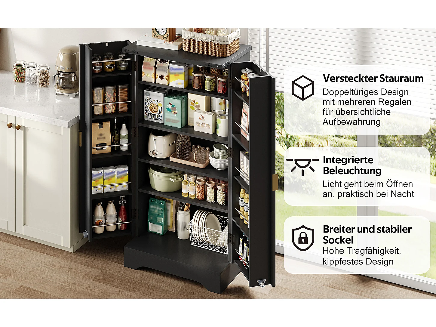 Credenza da cucina - 60,5 x 40 x 120 cm - con LED + 2 ante + ripiani regolabili - MDF - nero