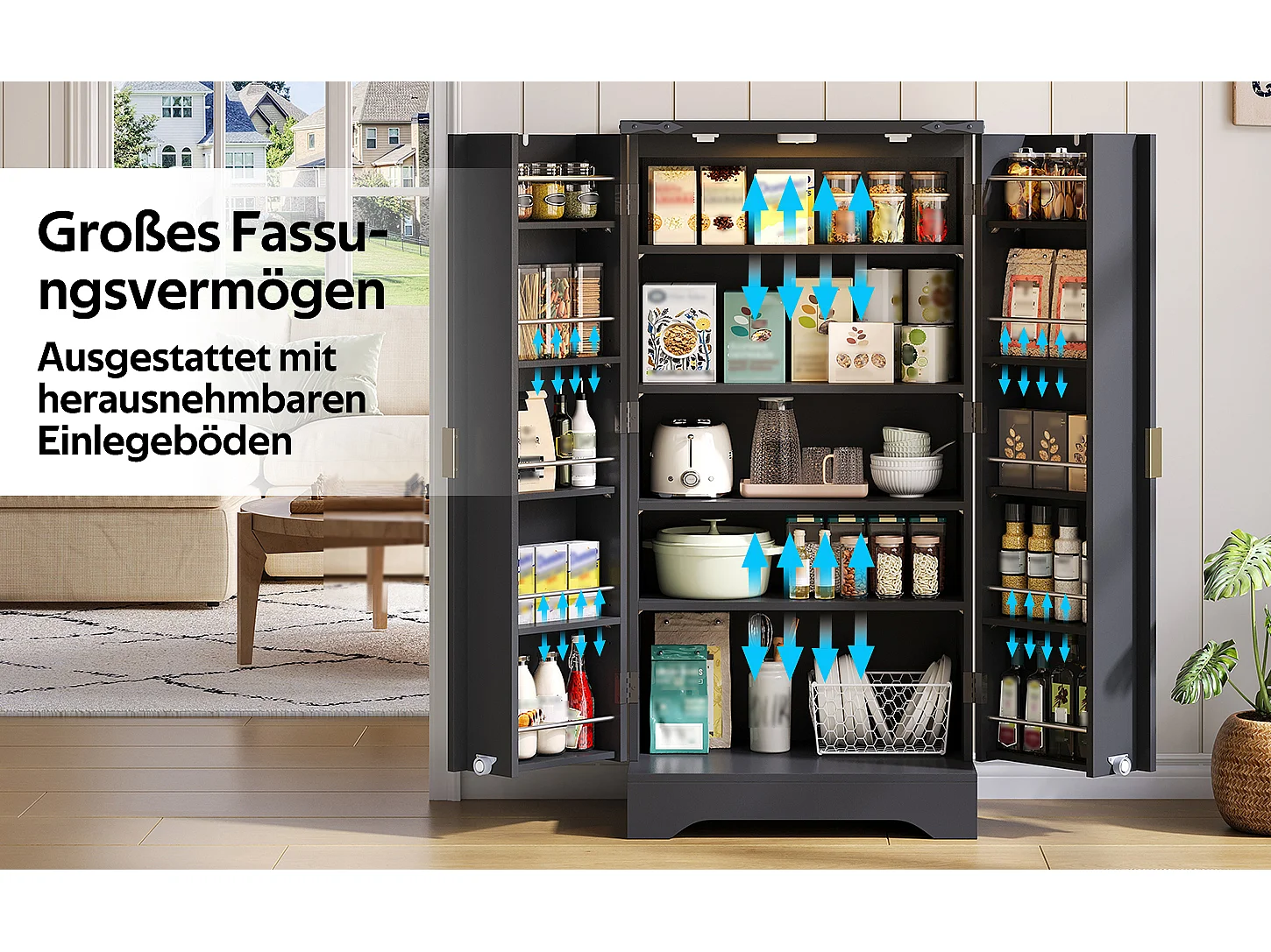 Credenza da cucina - 60,5 x 40 x 120 cm - con LED + 2 ante + ripiani regolabili - MDF - nero