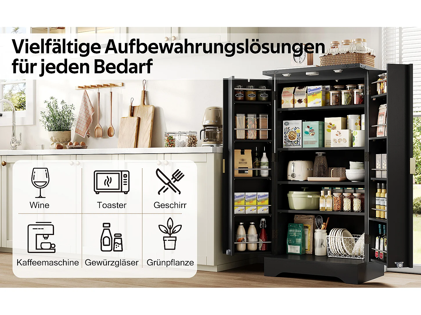 Credenza da cucina - 60,5 x 40 x 120 cm - con LED + 2 ante + ripiani regolabili - MDF - nero