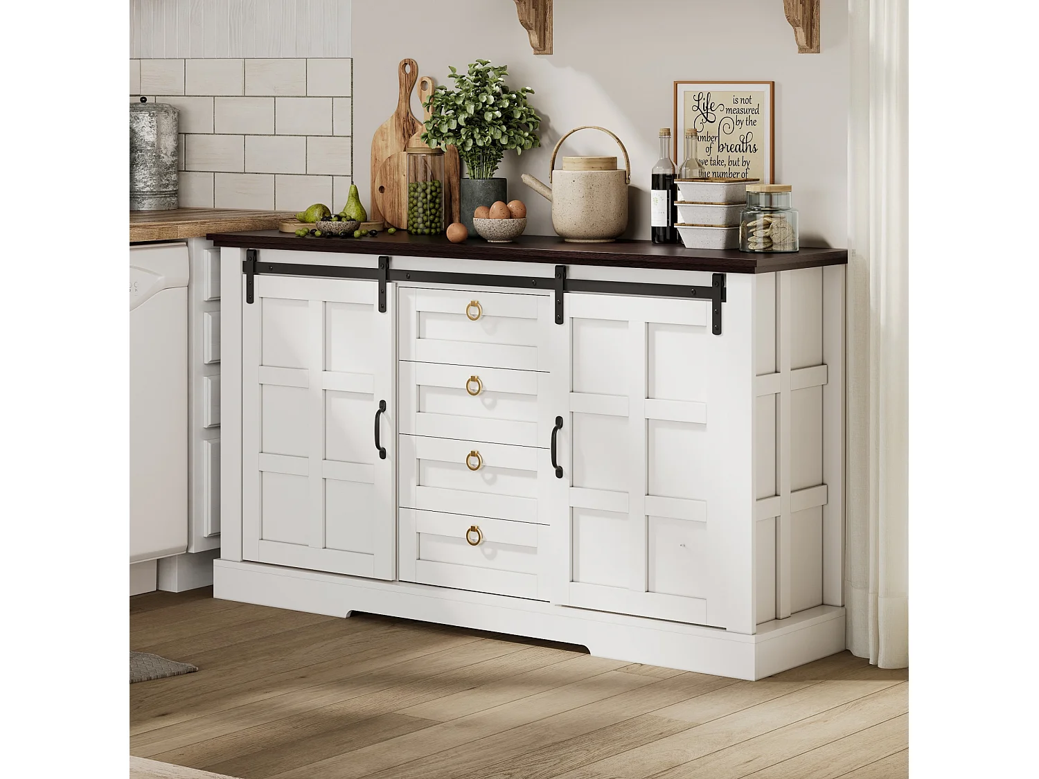 Kredens kuchenny - 150 x 40 x 85 cm - z drzwiami przesuwnymi + 4 szuflady - styl rustykalny - płyta MDF - biały