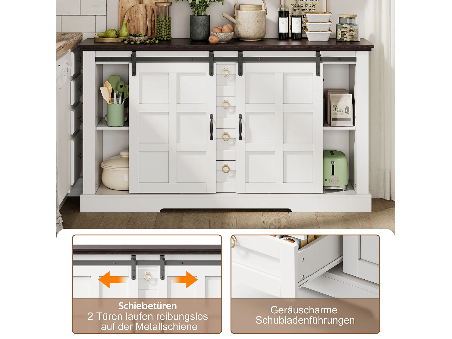 Kredens kuchenny - 150 x 40 x 85 cm - z drzwiami przesuwnymi + 4 szuflady - styl rustykalny - płyta MDF - biały