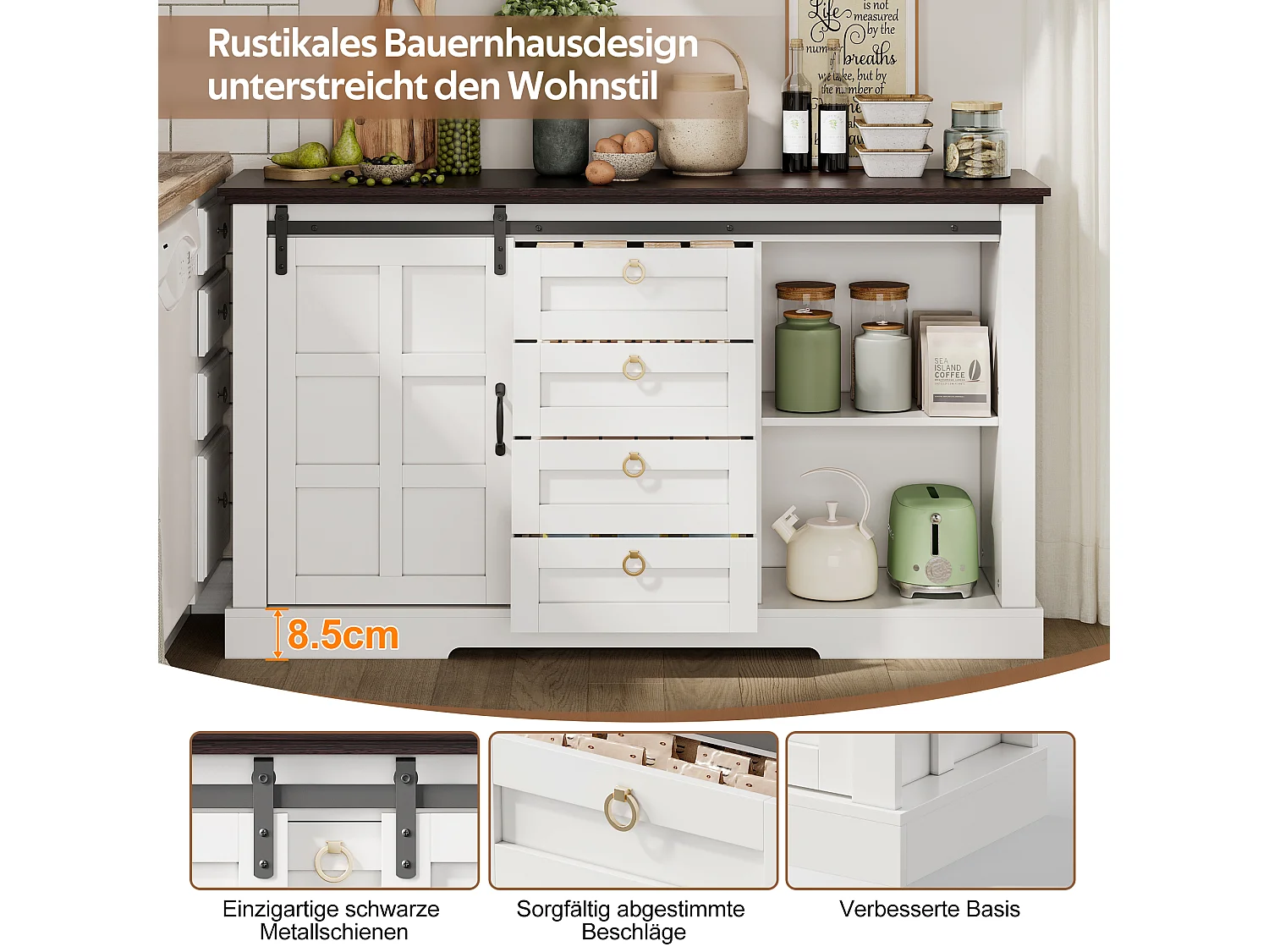 Kredens kuchenny - 150 x 40 x 85 cm - z drzwiami przesuwnymi + 4 szuflady - styl rustykalny - płyta MDF - biały