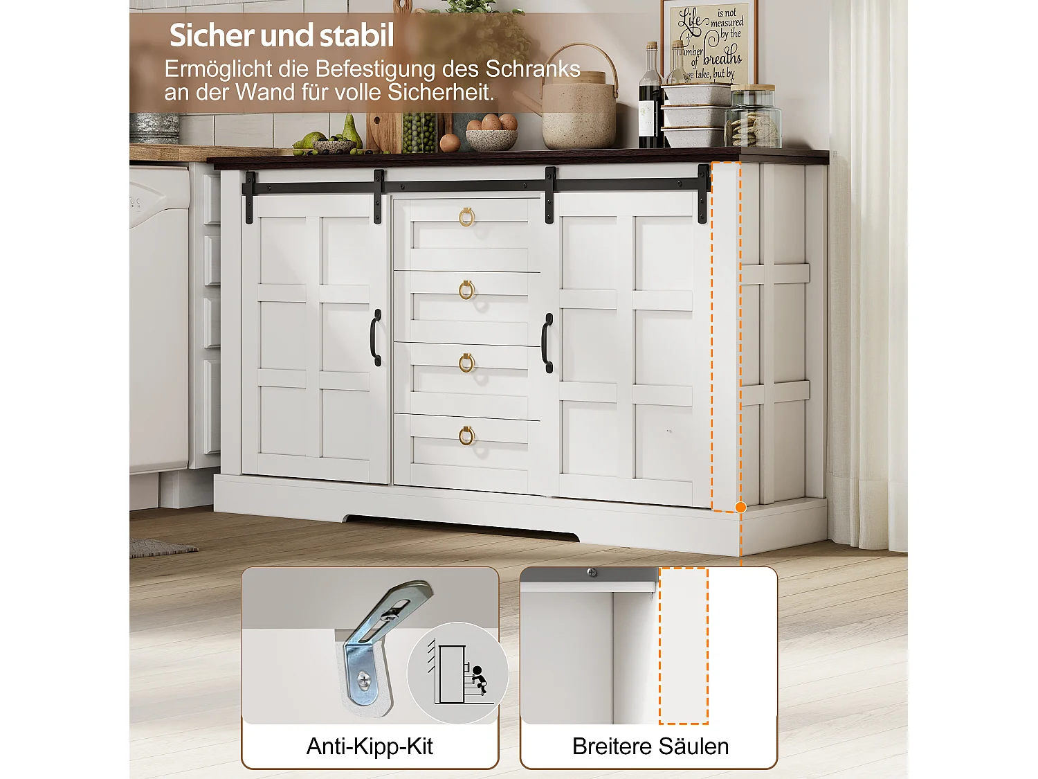 Kredens kuchenny - 150 x 40 x 85 cm - z drzwiami przesuwnymi + 4 szuflady - styl rustykalny - płyta MDF - biały