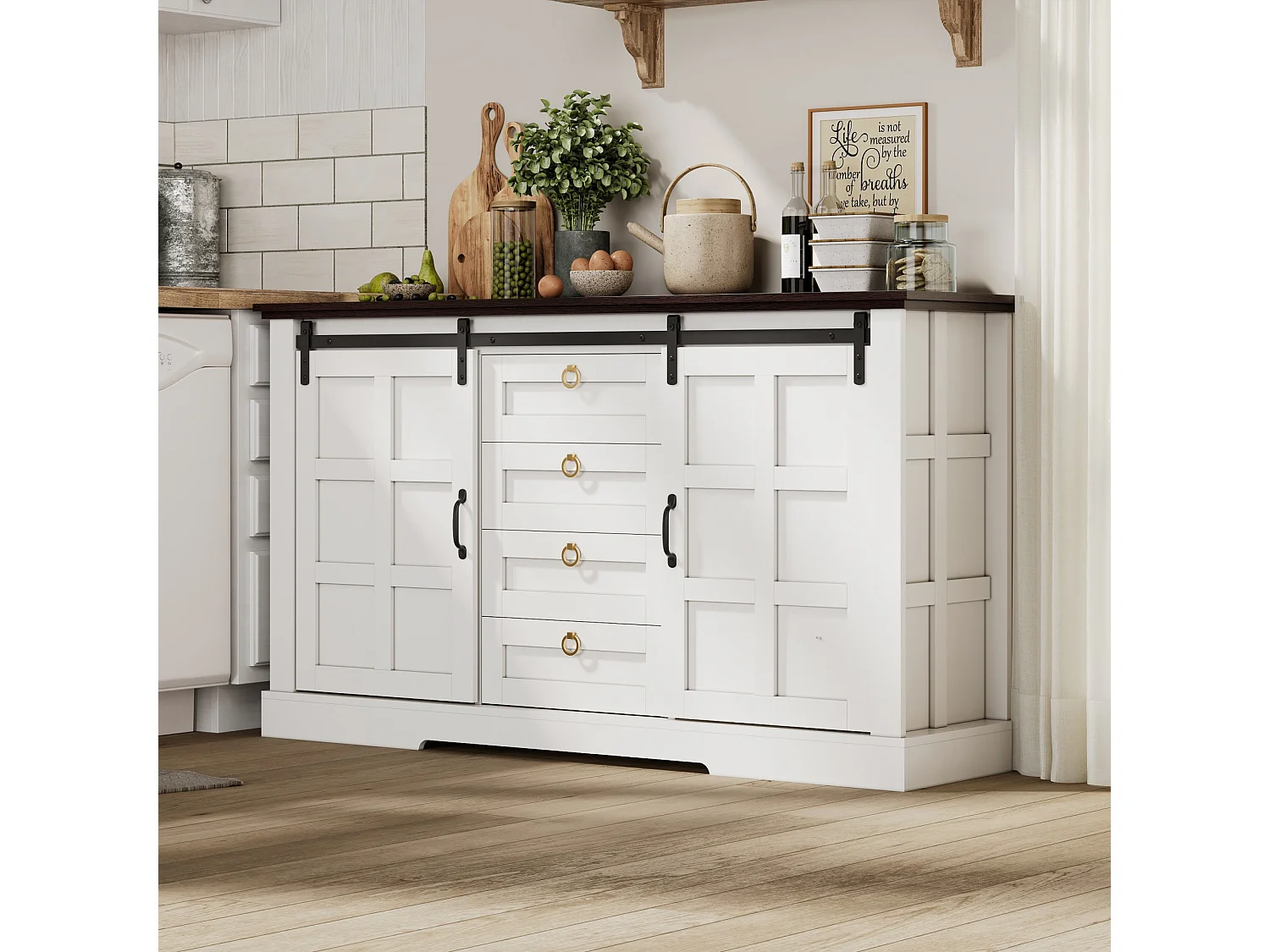 Kredens kuchenny - 150 x 40 x 85 cm - z drzwiami przesuwnymi + 4 szuflady - styl rustykalny - płyta MDF - biały