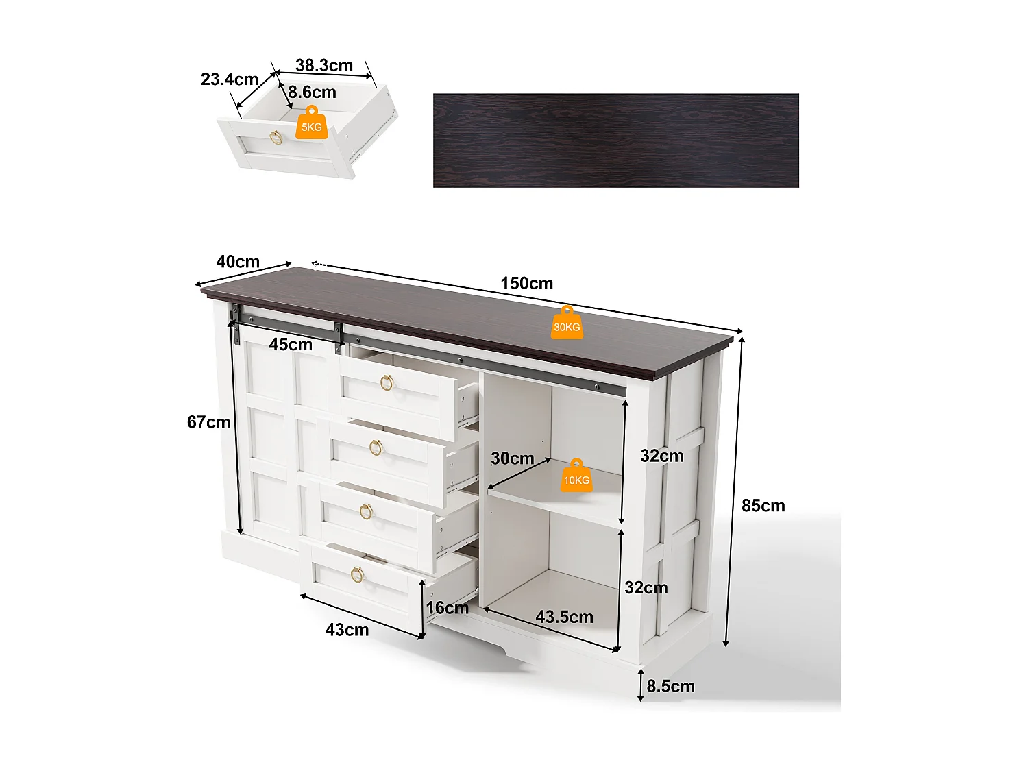 Kredens kuchenny - 150 x 40 x 85 cm - z drzwiami przesuwnymi + 4 szuflady - styl rustykalny - płyta MDF - biały