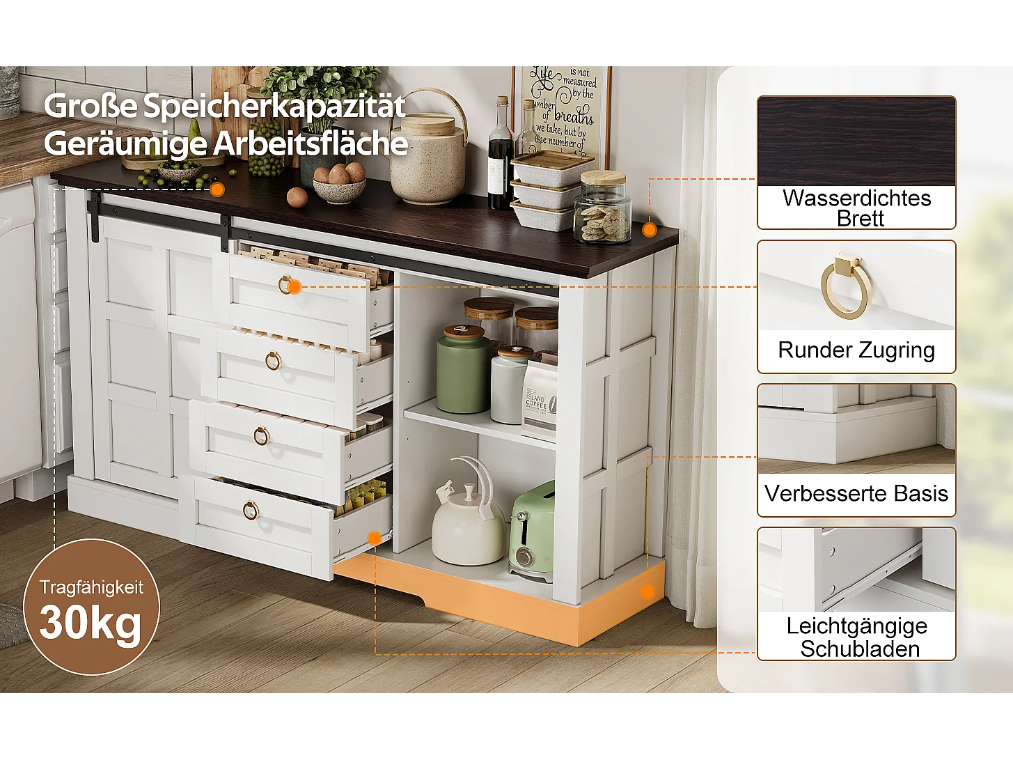 Kredens kuchenny - 150 x 40 x 85 cm - z drzwiami przesuwnymi + 4 szuflady - styl rustykalny - płyta MDF - biały