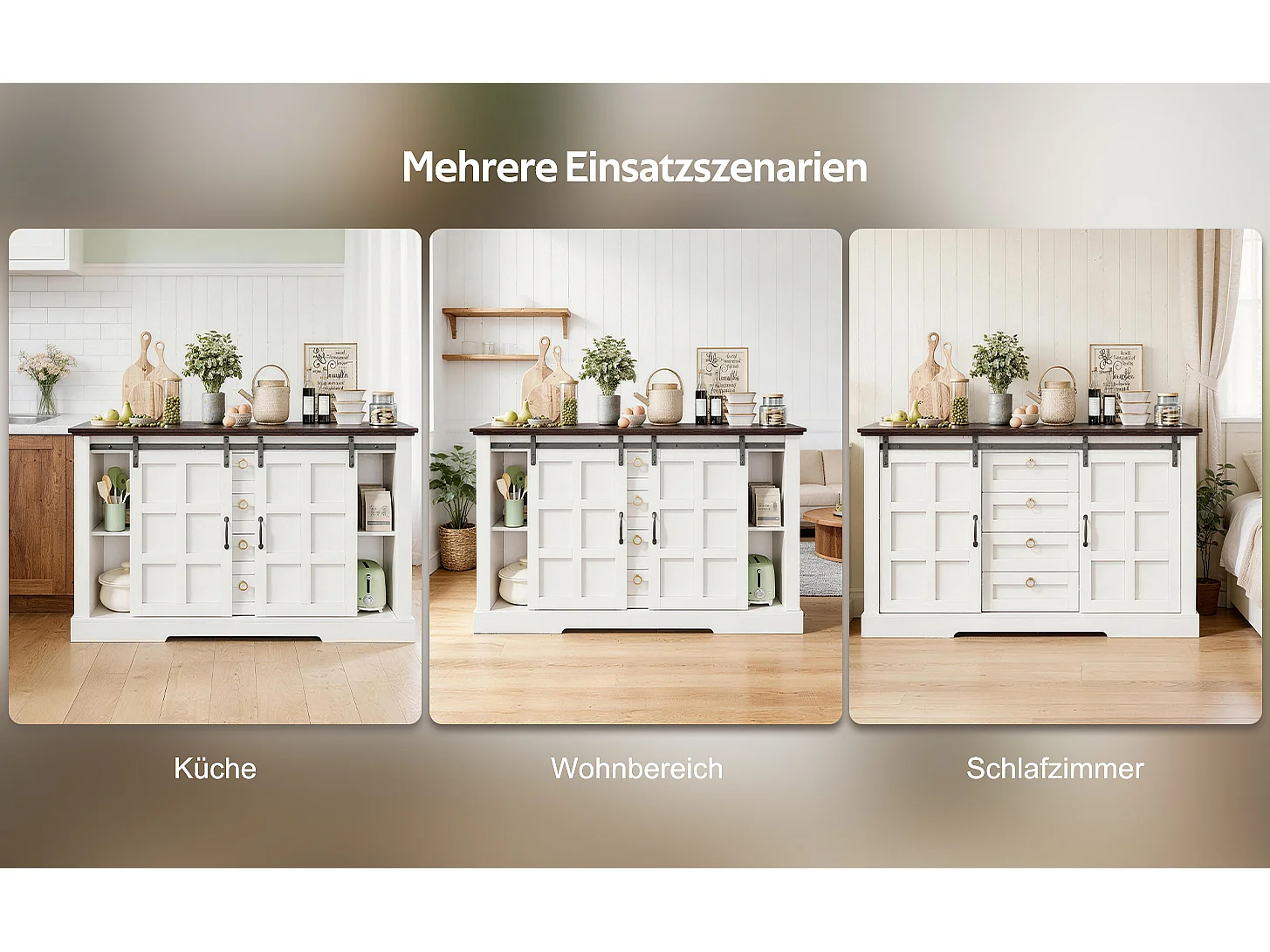 Kredens kuchenny - 150 x 40 x 85 cm - z drzwiami przesuwnymi + 4 szuflady - styl rustykalny - płyta MDF - biały