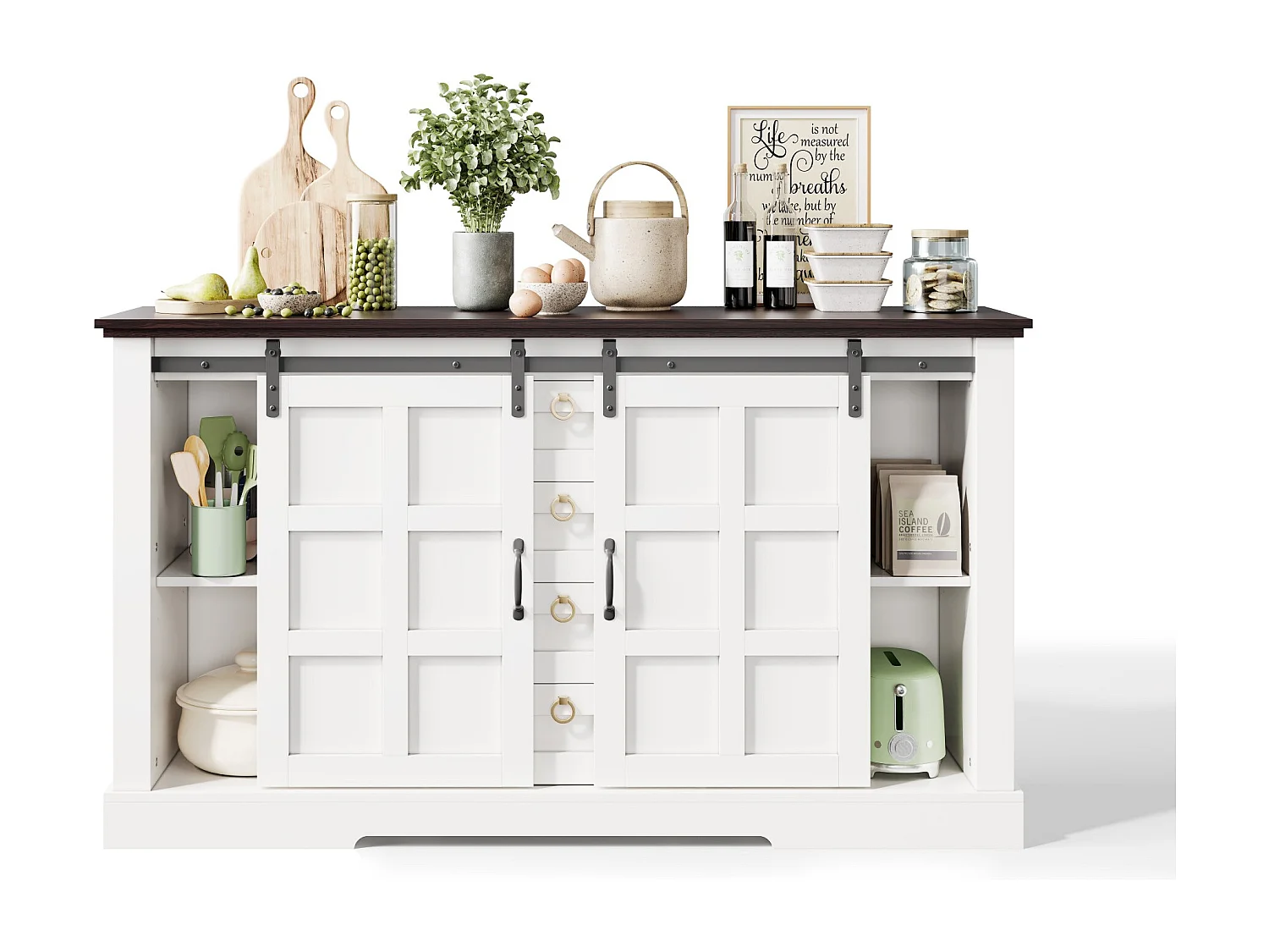 Kredens kuchenny - 150 x 40 x 85 cm - z drzwiami przesuwnymi + 4 szuflady - styl rustykalny - płyta MDF - biały