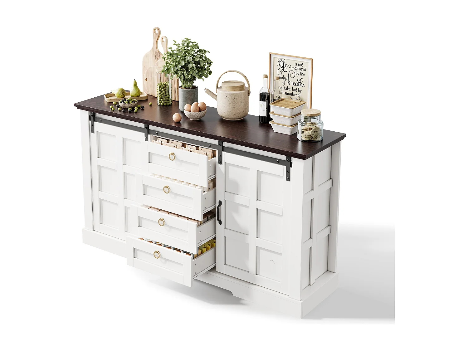 Kredens kuchenny - 150 x 40 x 85 cm - z drzwiami przesuwnymi + 4 szuflady - styl rustykalny - płyta MDF - biały