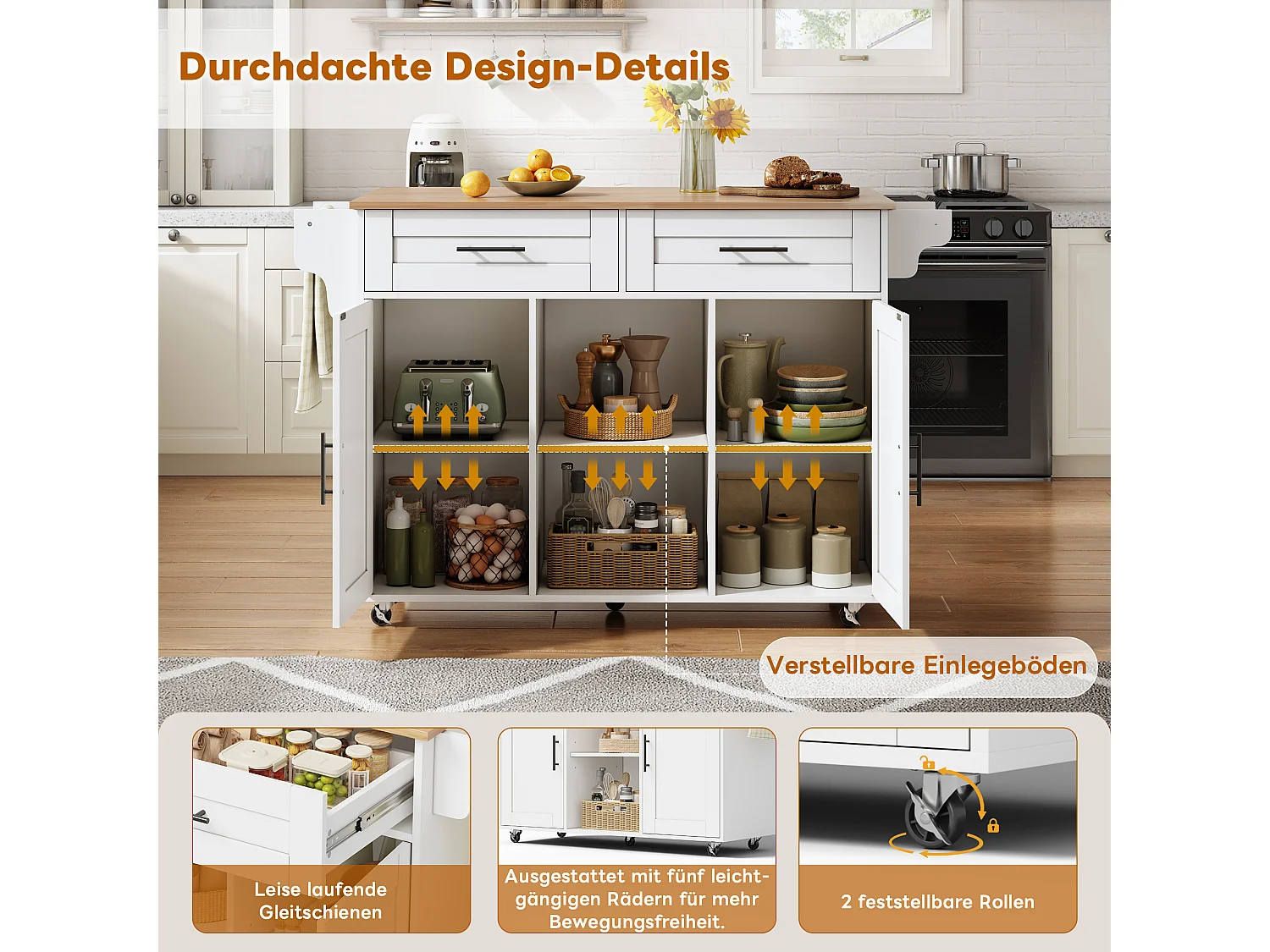 Mobilna wyspa kuchenna z blatem składanym - 145 x 45/70 x 94,5 cm - z półkami + 2 drzwi + szuflada - MDF - biała