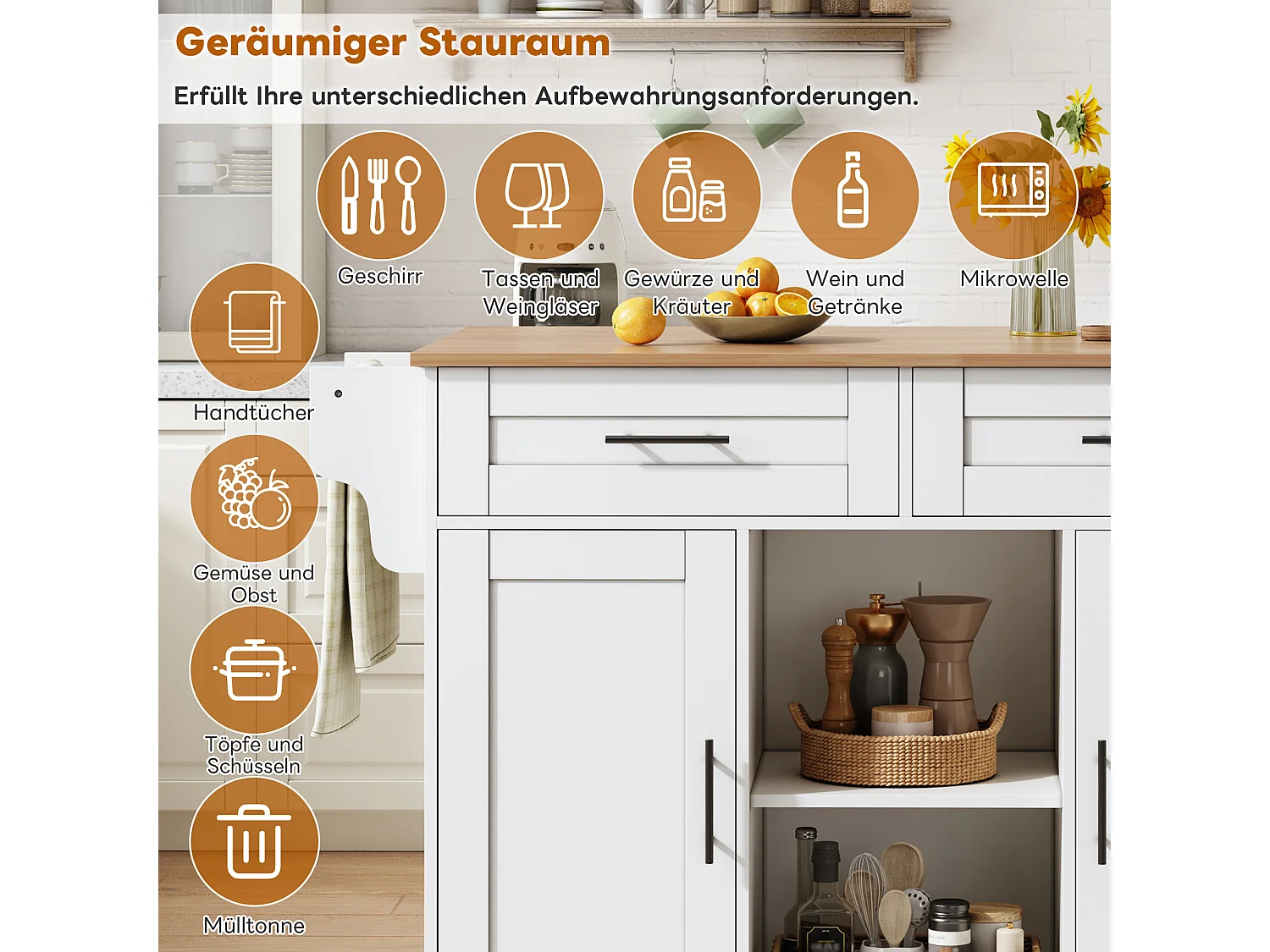 Mobilna wyspa kuchenna z blatem składanym - 145 x 45/70 x 94,5 cm - z półkami + 2 drzwi + szuflada - MDF - biała