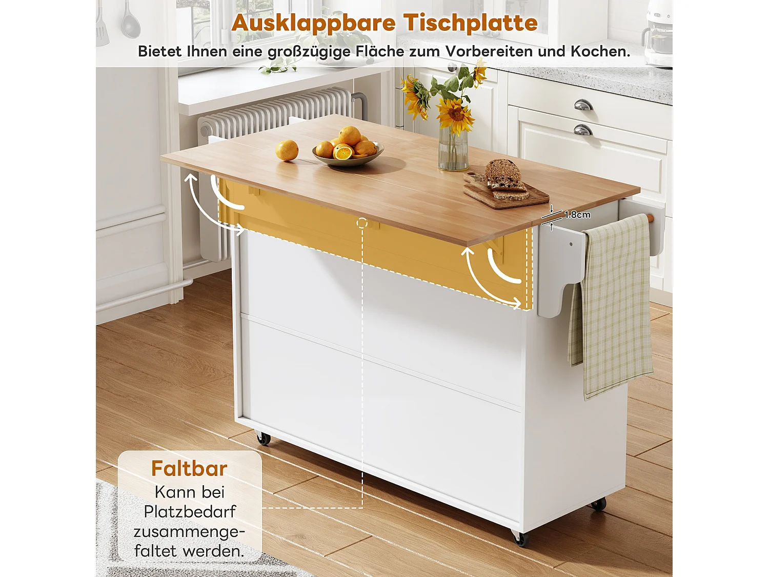 Mobilna wyspa kuchenna z blatem składanym - 145 x 45/70 x 94,5 cm - z półkami + 2 drzwi + szuflada - MDF - biała