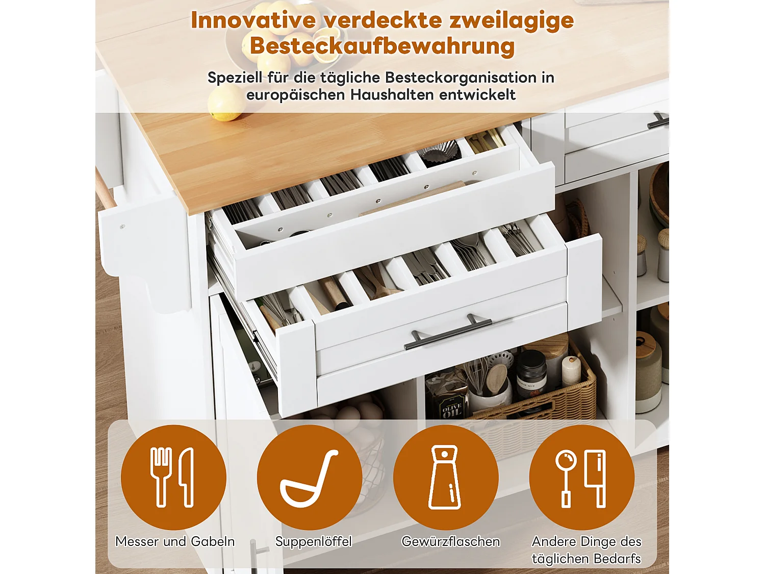 Mobilna wyspa kuchenna z blatem składanym - 145 x 45/70 x 94,5 cm - z półkami + 2 drzwi + szuflada - MDF - biała