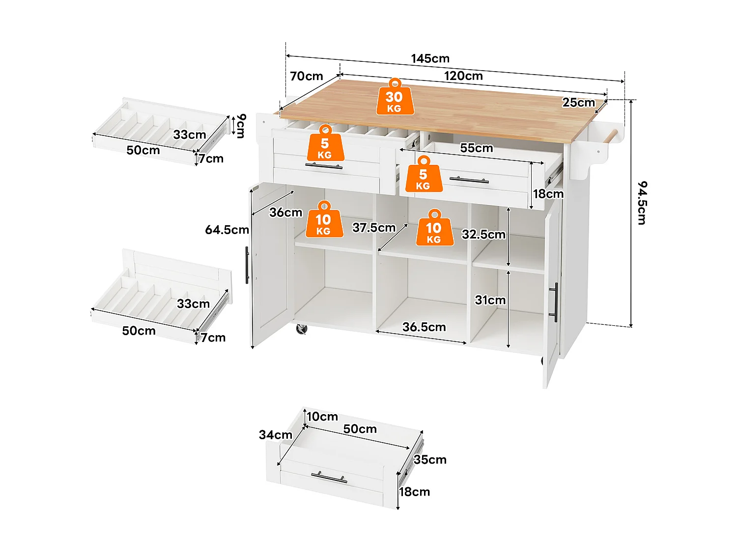 Mobilna wyspa kuchenna z blatem składanym - 145 x 45/70 x 94,5 cm - z półkami + 2 drzwi + szuflada - MDF - biała