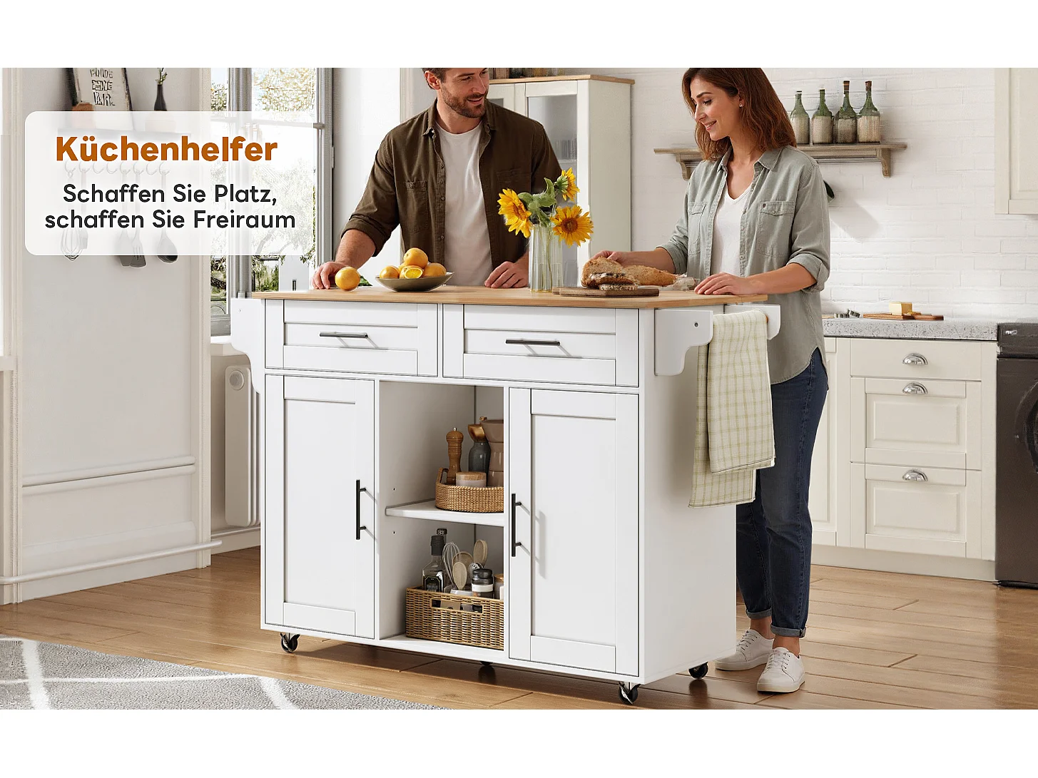 Mobilna wyspa kuchenna z blatem składanym - 145 x 45/70 x 94,5 cm - z półkami + 2 drzwi + szuflada - MDF - biała