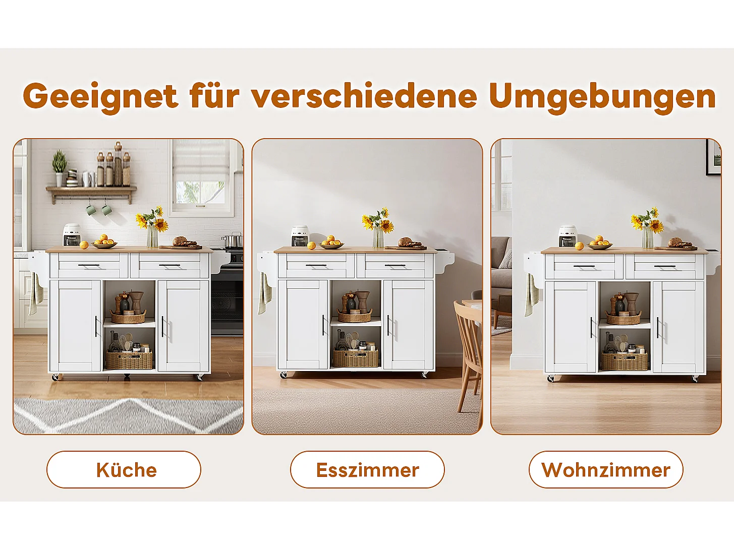 Mobilna wyspa kuchenna z blatem składanym - 145 x 45/70 x 94,5 cm - z półkami + 2 drzwi + szuflada - MDF - biała