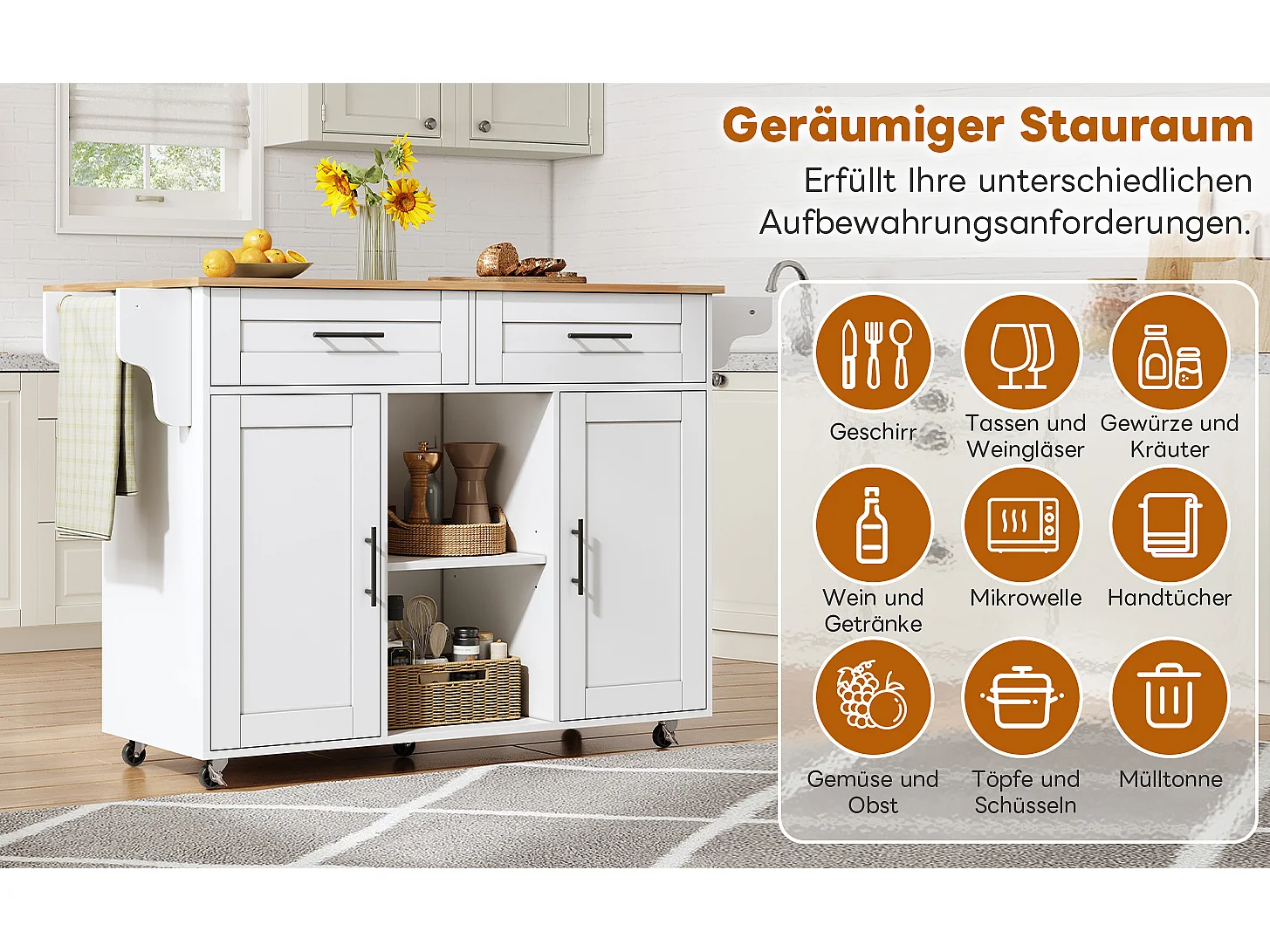 Mobilna wyspa kuchenna z blatem składanym - 145 x 45/70 x 94,5 cm - z półkami + 2 drzwi + szuflada - MDF - biała