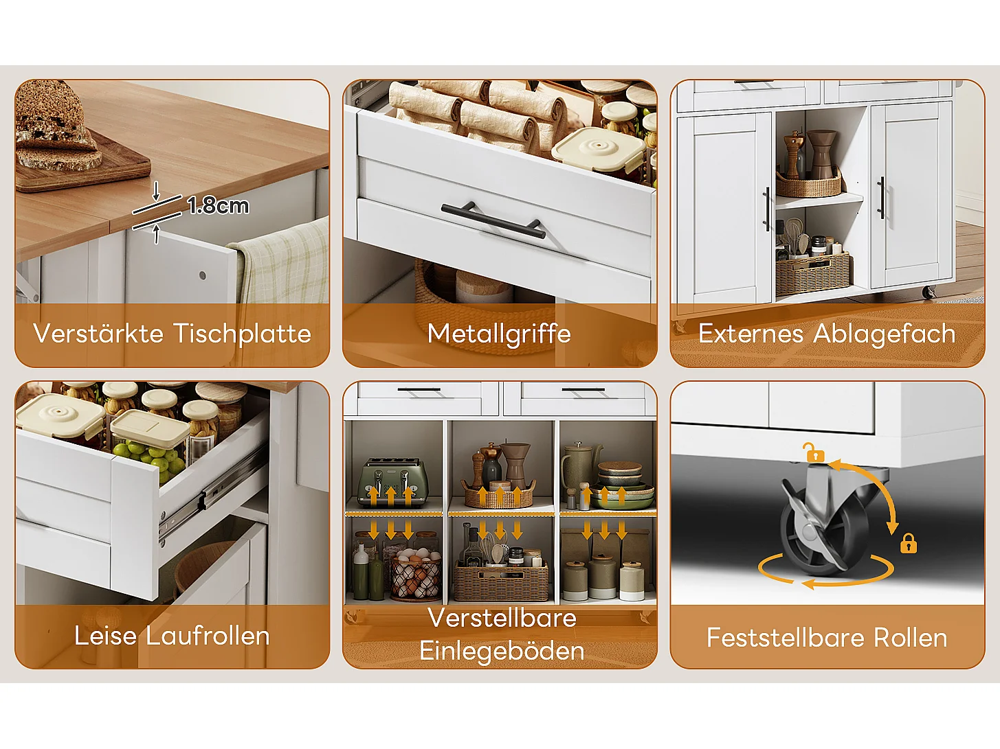 Mobilna wyspa kuchenna z blatem składanym - 145 x 45/70 x 94,5 cm - z półkami + 2 drzwi + szuflada - MDF - biała