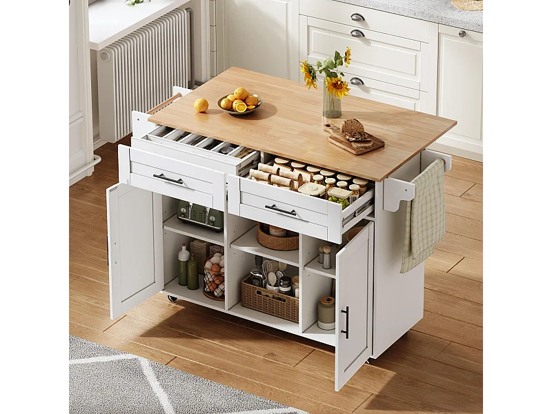 Mobilna wyspa kuchenna z blatem składanym - 145 x 45/70 x 94,5 cm - z półkami + 2 drzwi + szuflada - MDF - biała