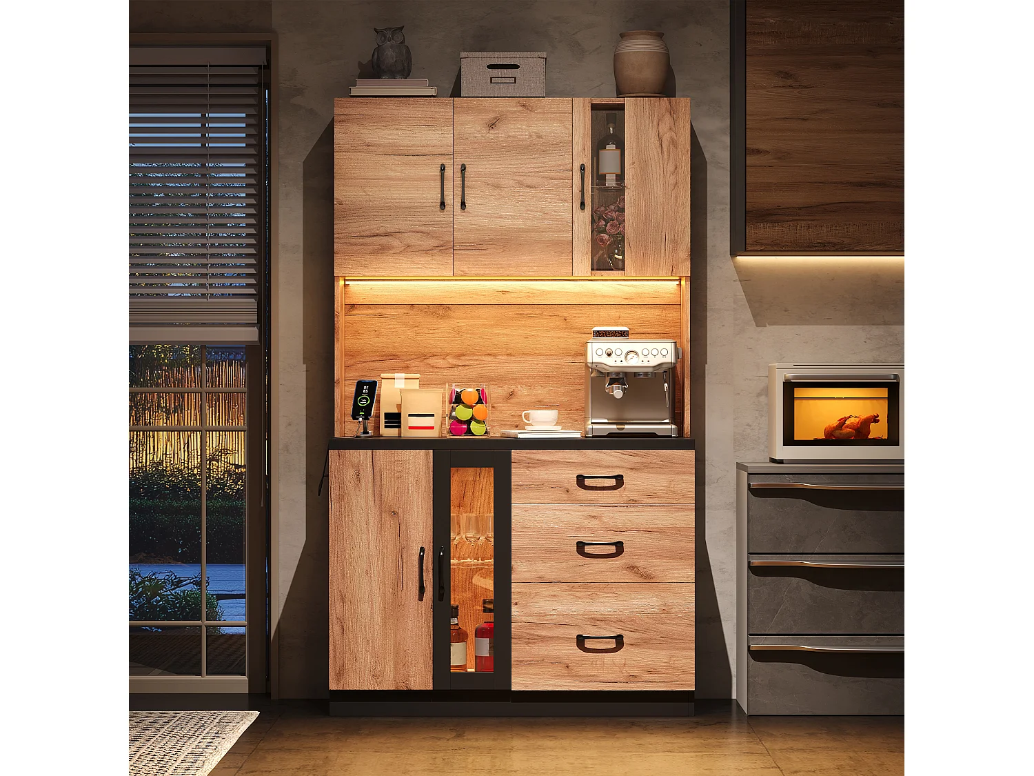 Modern keukendressoir - 105 x 40 x 180 cm - met LED-verlichting + stopcontact + deuren + lades - MDF - naturel