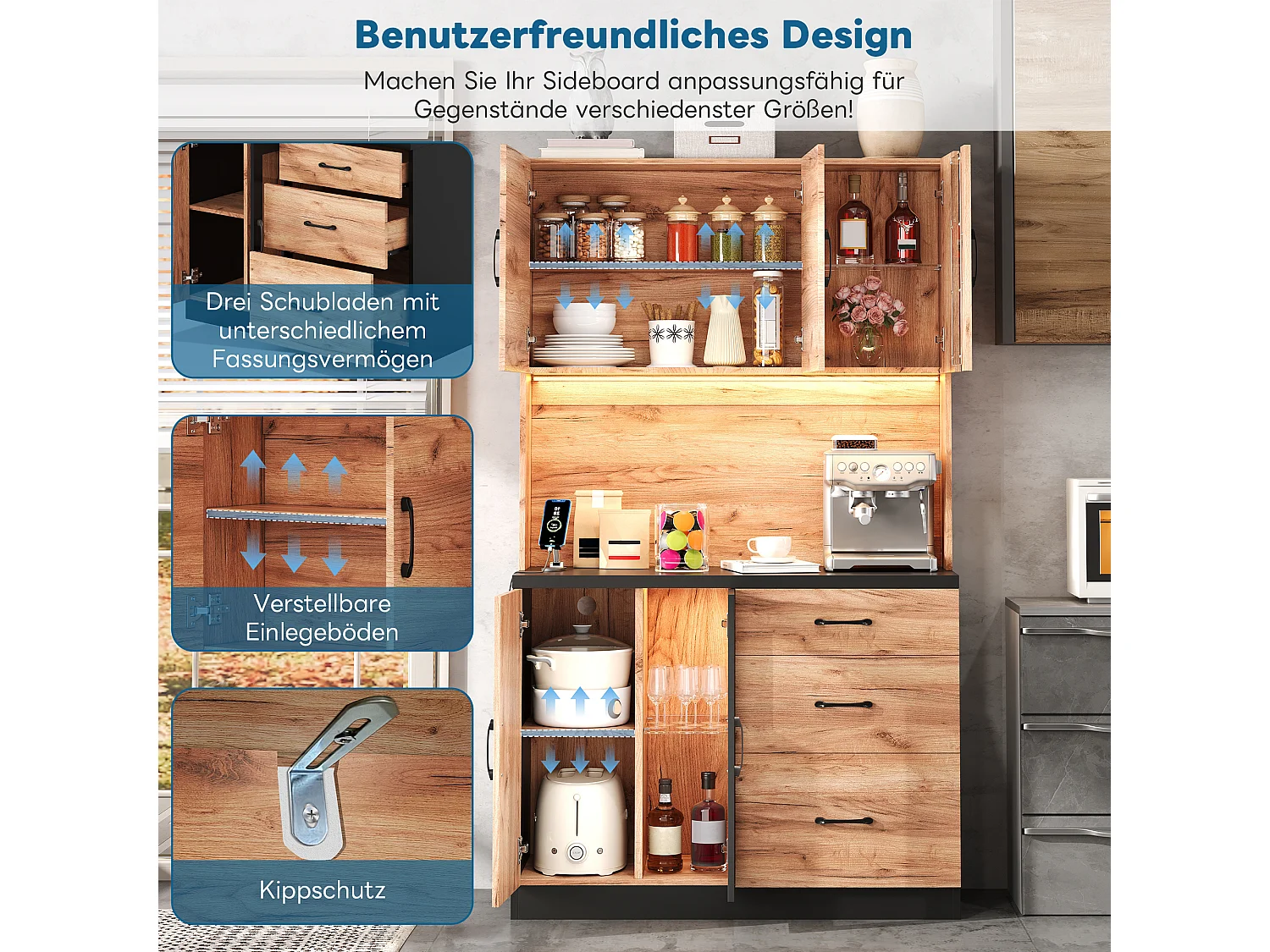 Modern keukendressoir - 105 x 40 x 180 cm - met LED-verlichting + stopcontact + deuren + lades - MDF - naturel