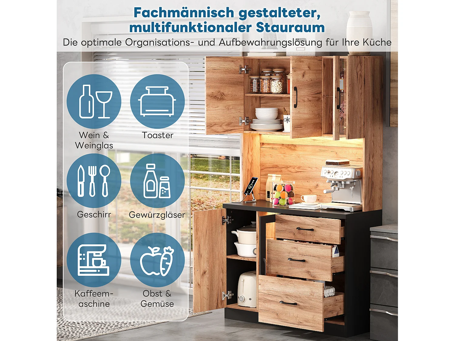 Modern keukendressoir - 105 x 40 x 180 cm - met LED-verlichting + stopcontact + deuren + lades - MDF - naturel