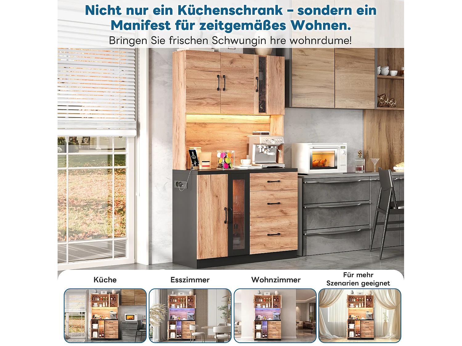 Modern keukendressoir - 105 x 40 x 180 cm - met LED-verlichting + stopcontact + deuren + lades - MDF - naturel
