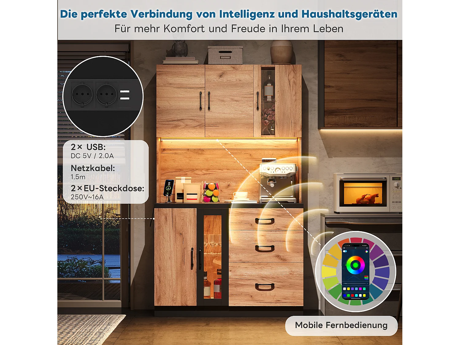 Modern keukendressoir - 105 x 40 x 180 cm - met LED-verlichting + stopcontact + deuren + lades - MDF - naturel