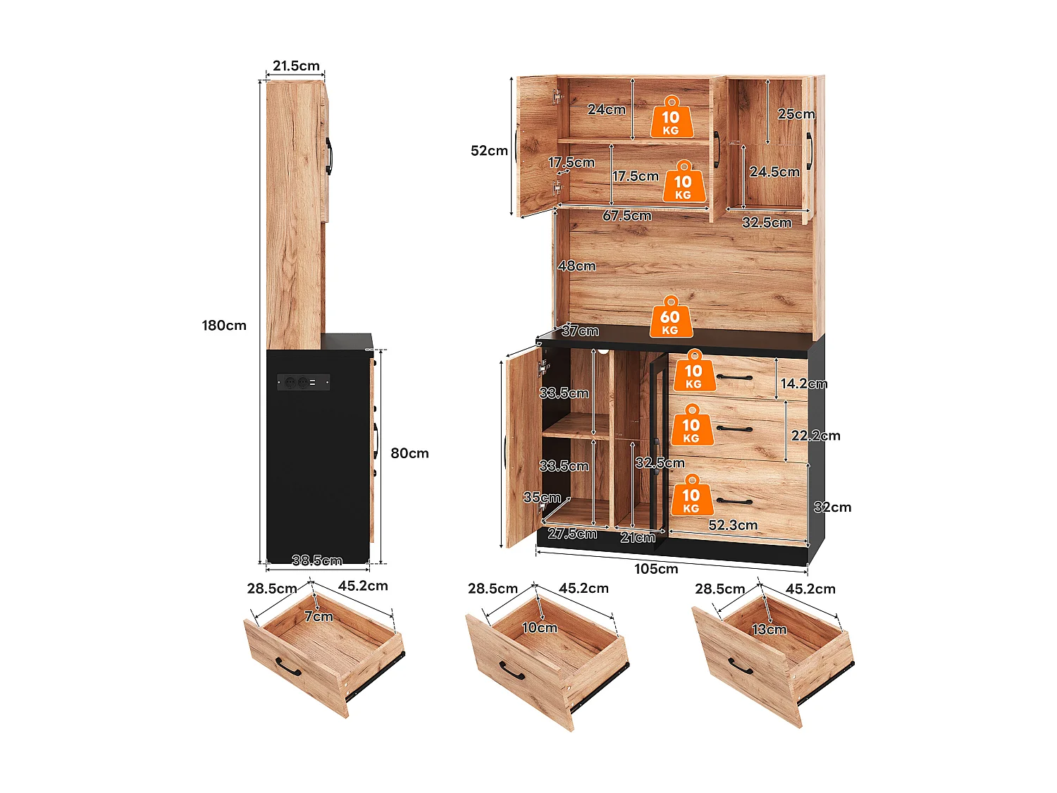 Modern keukendressoir - 105 x 40 x 180 cm - met LED-verlichting + stopcontact + deuren + lades - MDF - naturel