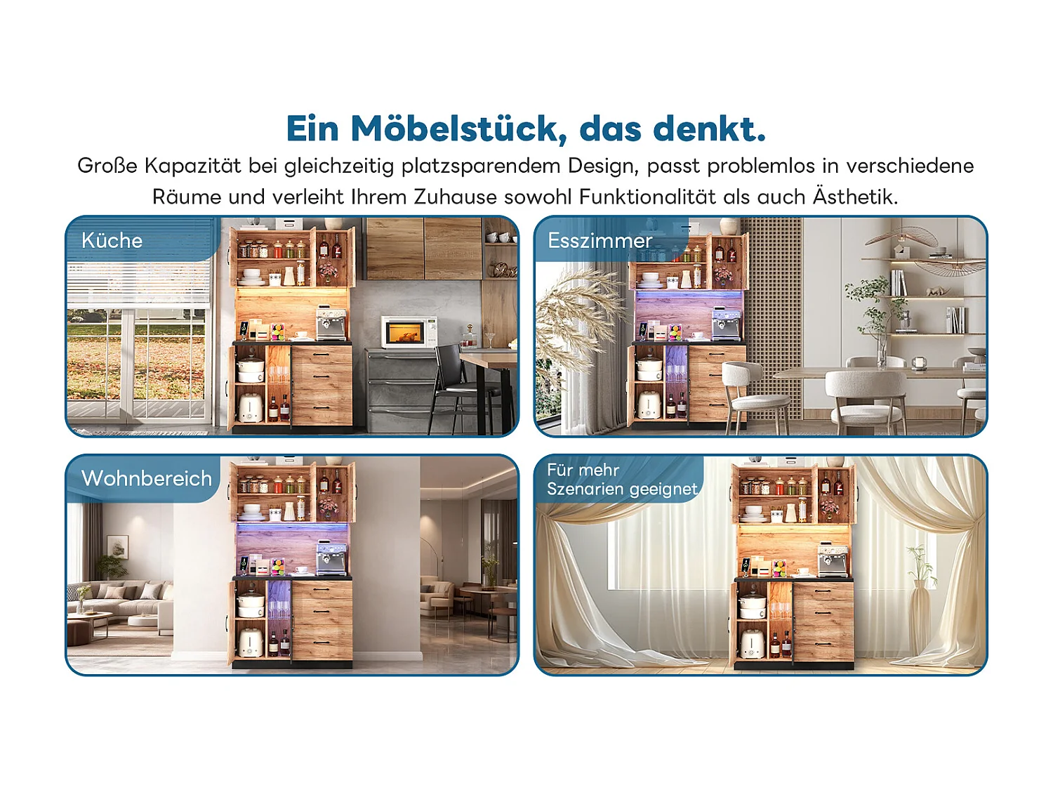 Modern keukendressoir - 105 x 40 x 180 cm - met LED-verlichting + stopcontact + deuren + lades - MDF - naturel