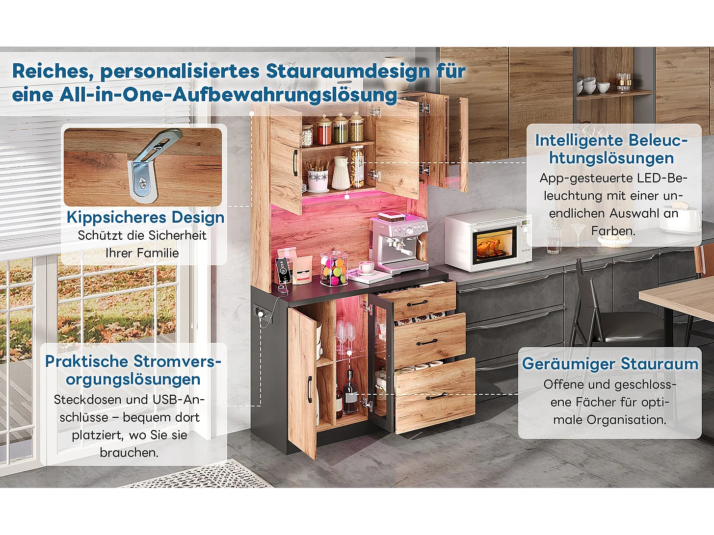 Modern keukendressoir - 105 x 40 x 180 cm - met LED-verlichting + stopcontact + deuren + lades - MDF - naturel