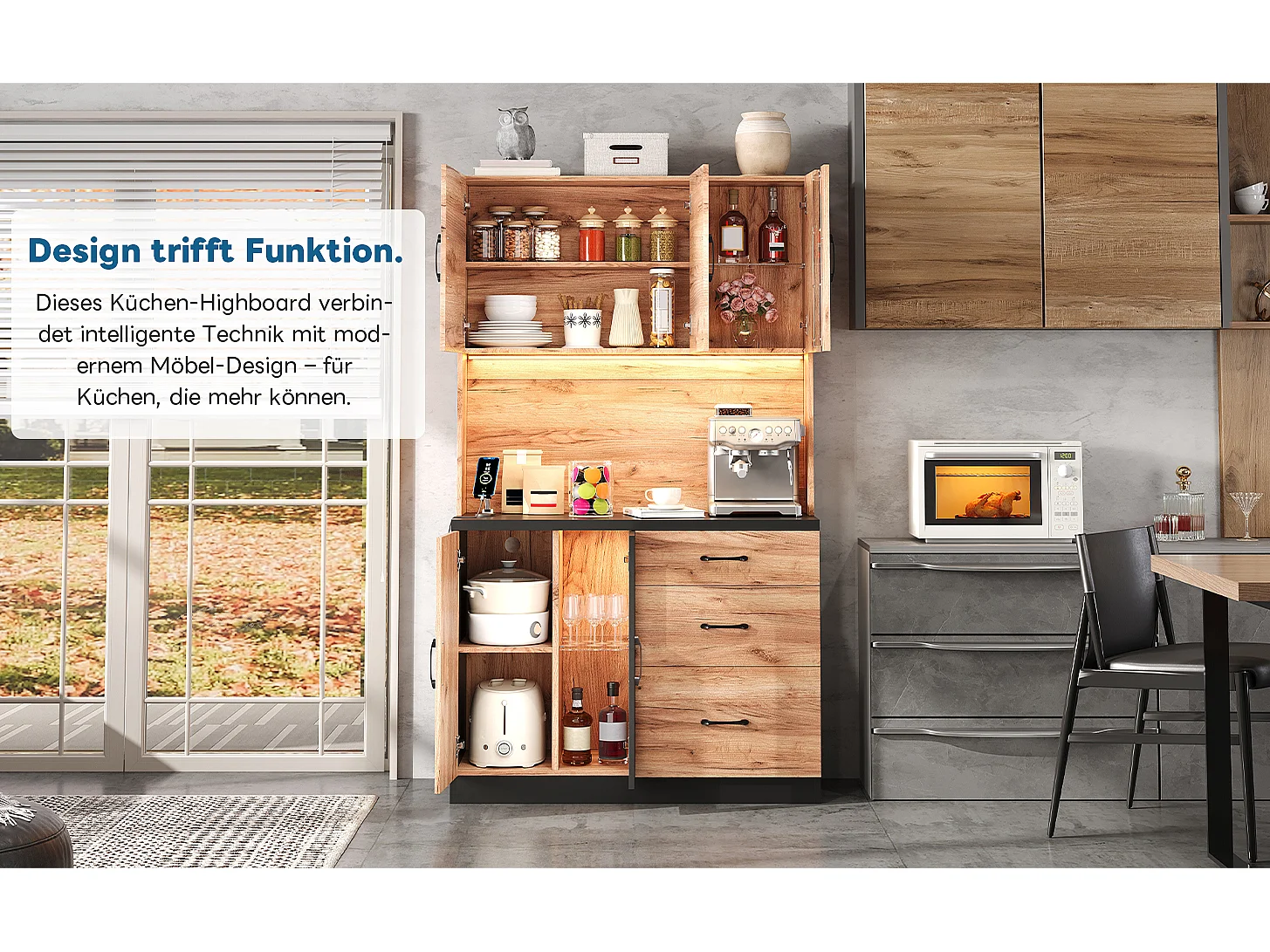 Modern keukendressoir - 105 x 40 x 180 cm - met LED-verlichting + stopcontact + deuren + lades - MDF - naturel